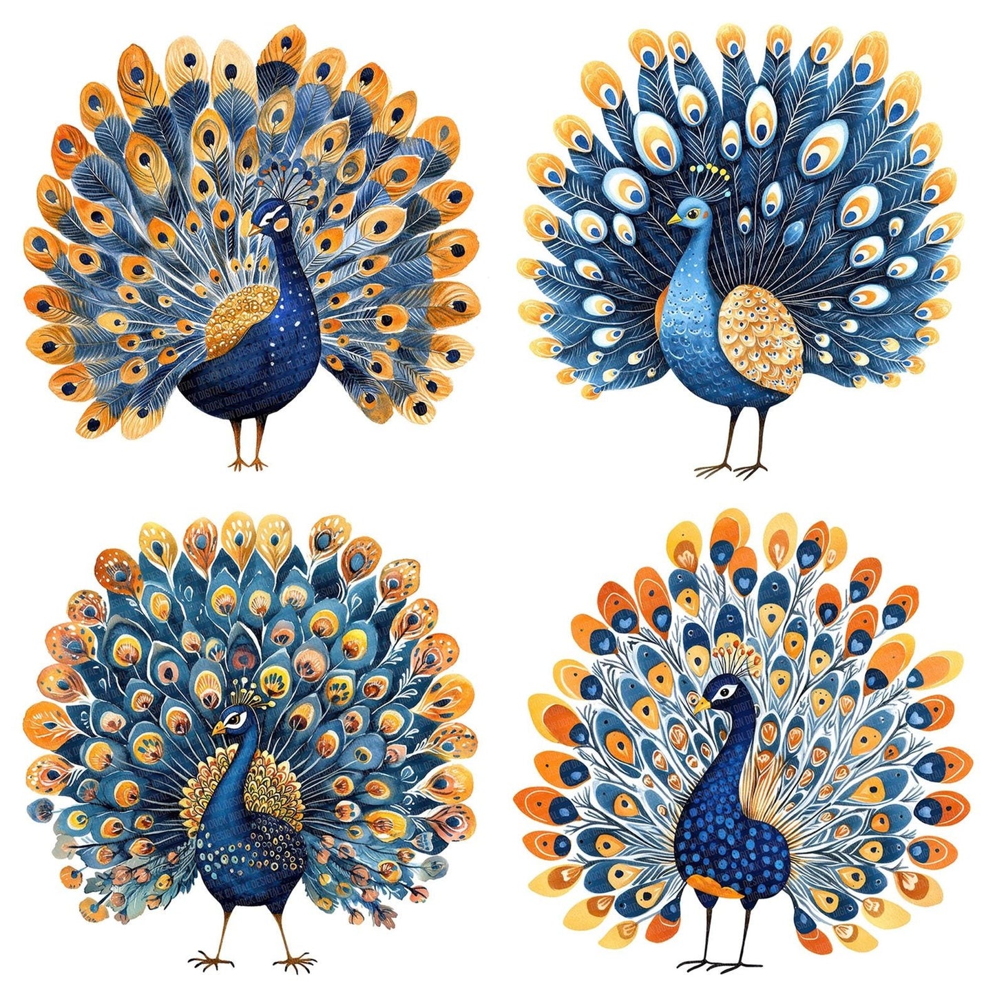 Folk Peacock with Florals Clipart Set (DDD005601)