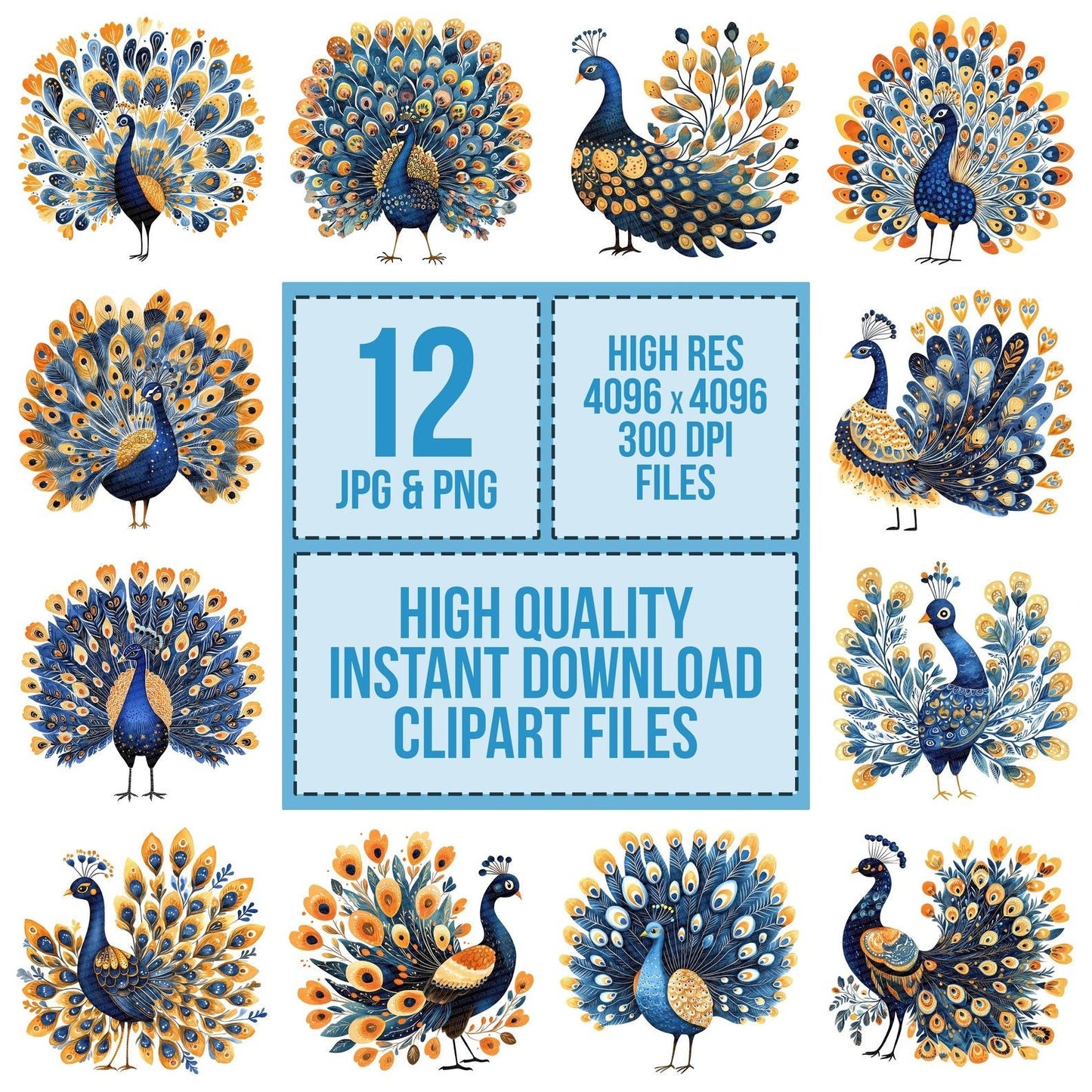 Folk Peacock with Florals Clipart Set (DDD005601)