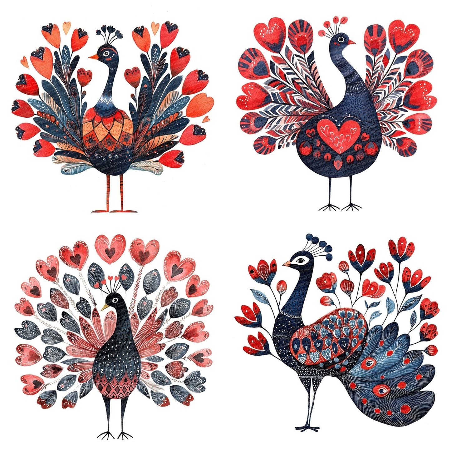Folk Peacock with Patterns Clipart Set (DDD005602)
