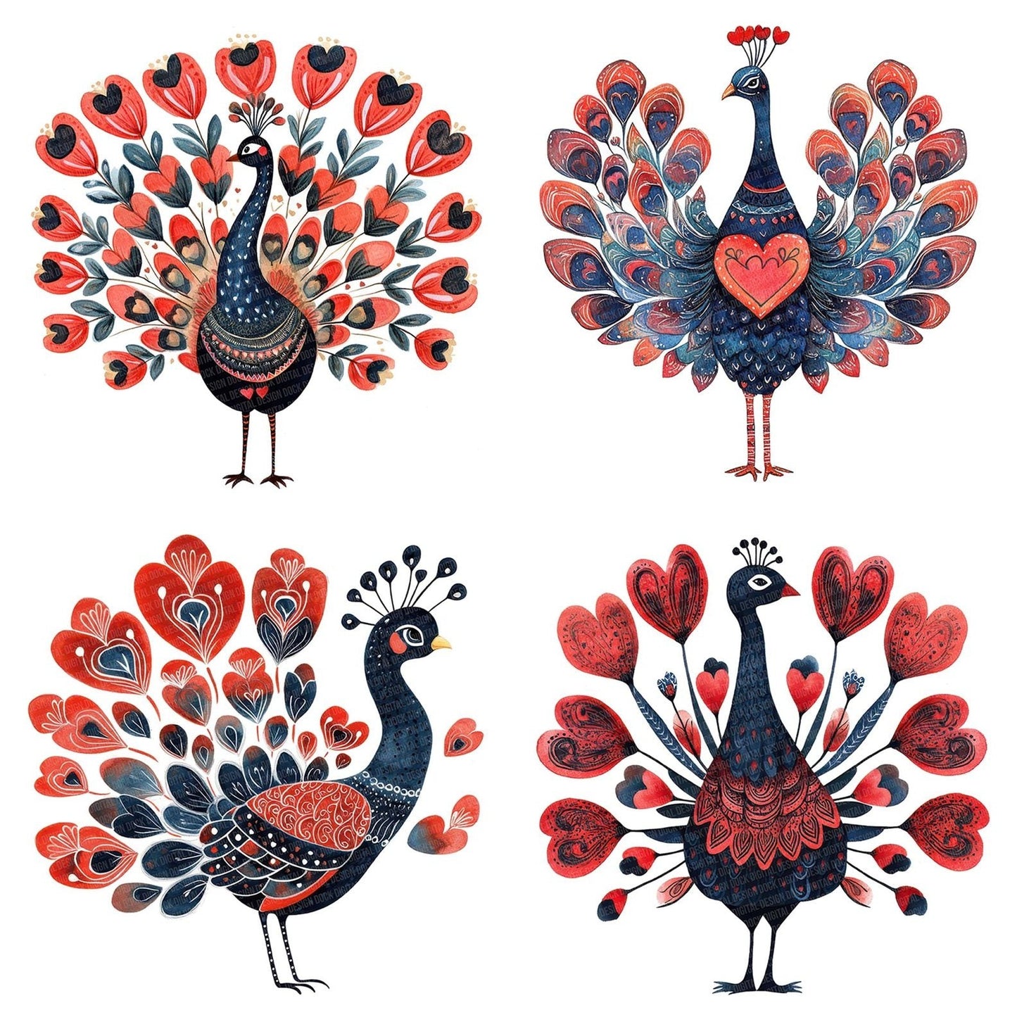 Folk Peacock with Patterns Clipart Set (DDD005602)