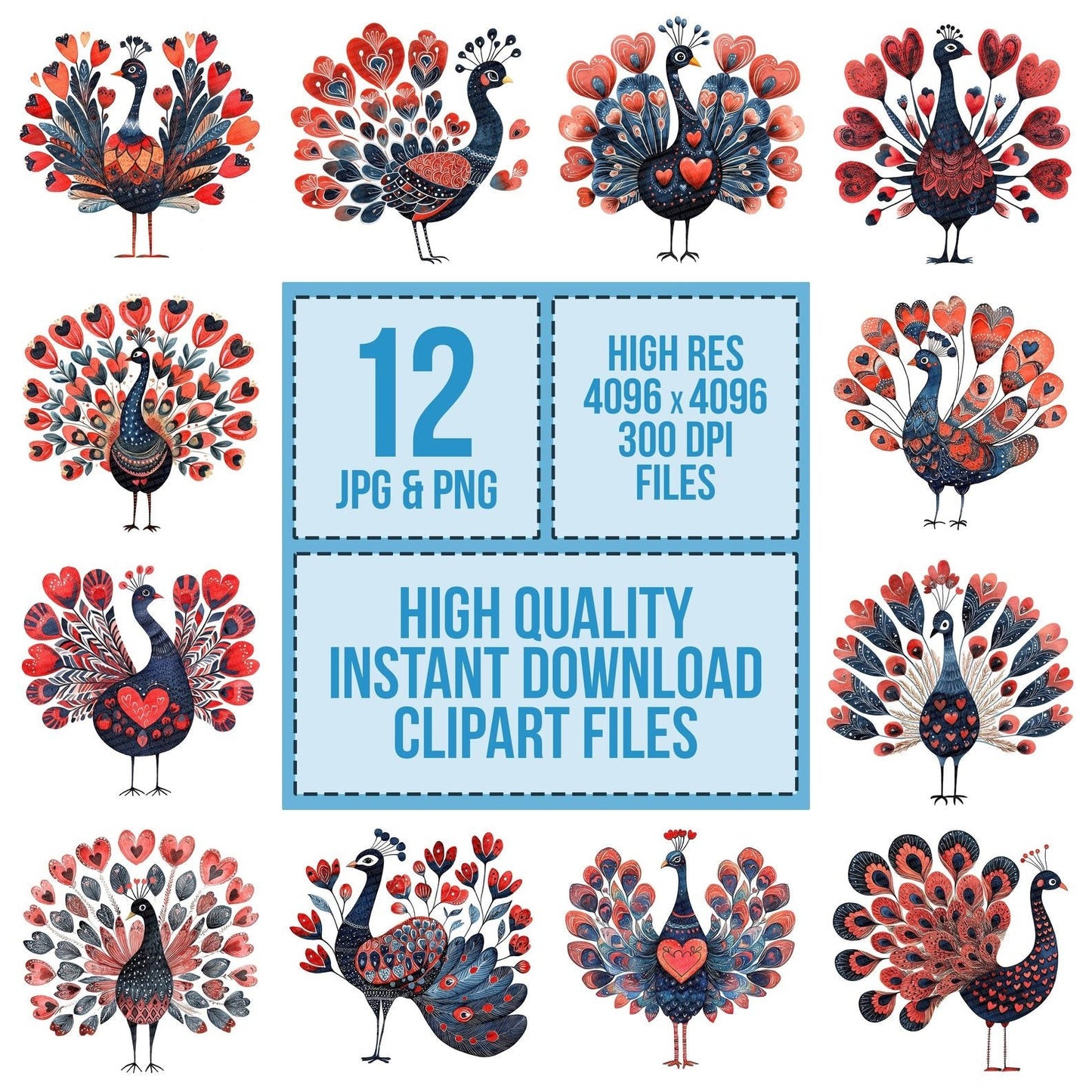 Folk Peacock with Patterns Clipart Set (DDD005602)
