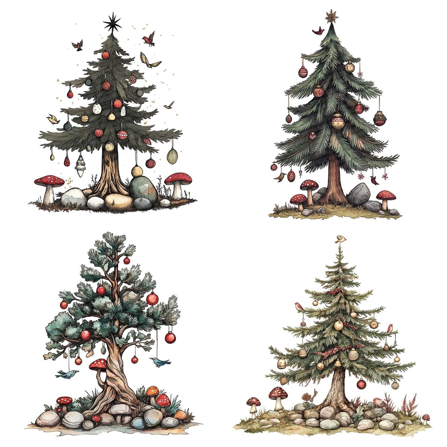 Folk Pine Tree Decorated Clipart Set (DDD005603)