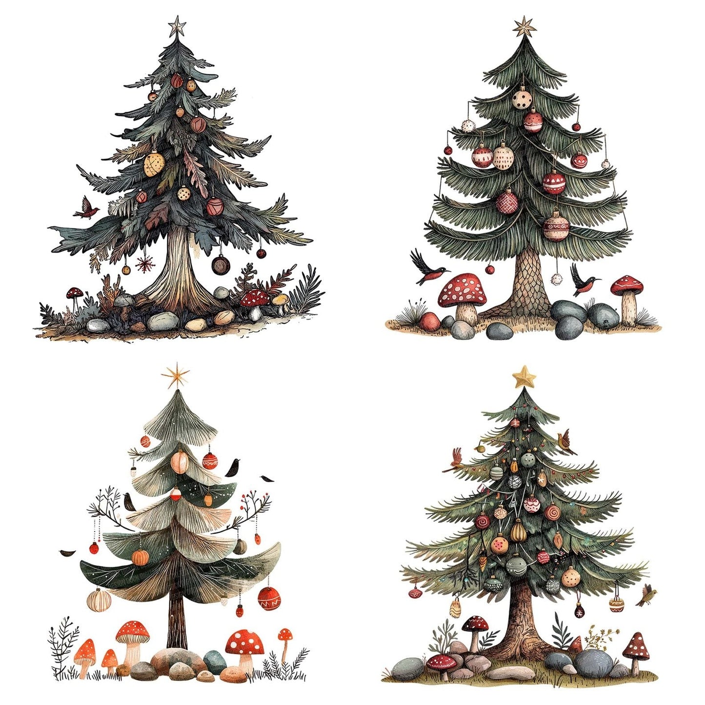 Folk Pine Tree Decorated Clipart Set (DDD005603)