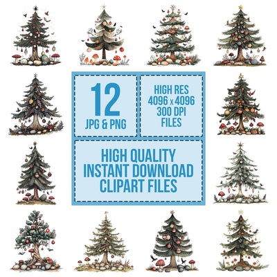 Folk Pine Tree Decorated clipart set cover showing the designs and file details