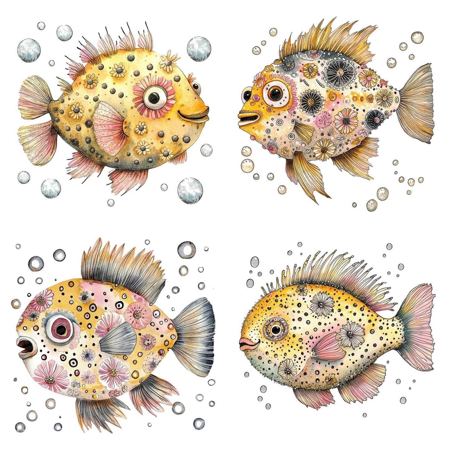 Folk Pufferfish Floral Clipart Set (DDD005604)