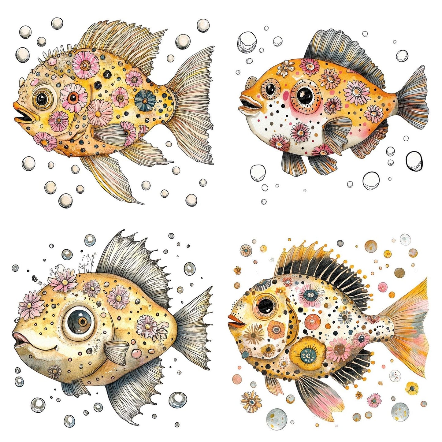 Folk Pufferfish Floral Clipart Set (DDD005604)