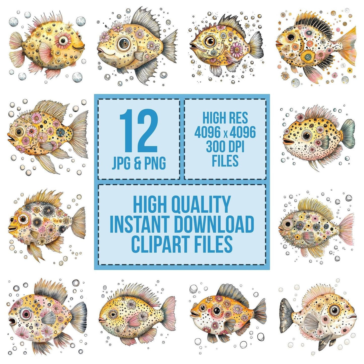 Folk Pufferfish Floral Clipart Set (DDD005604)