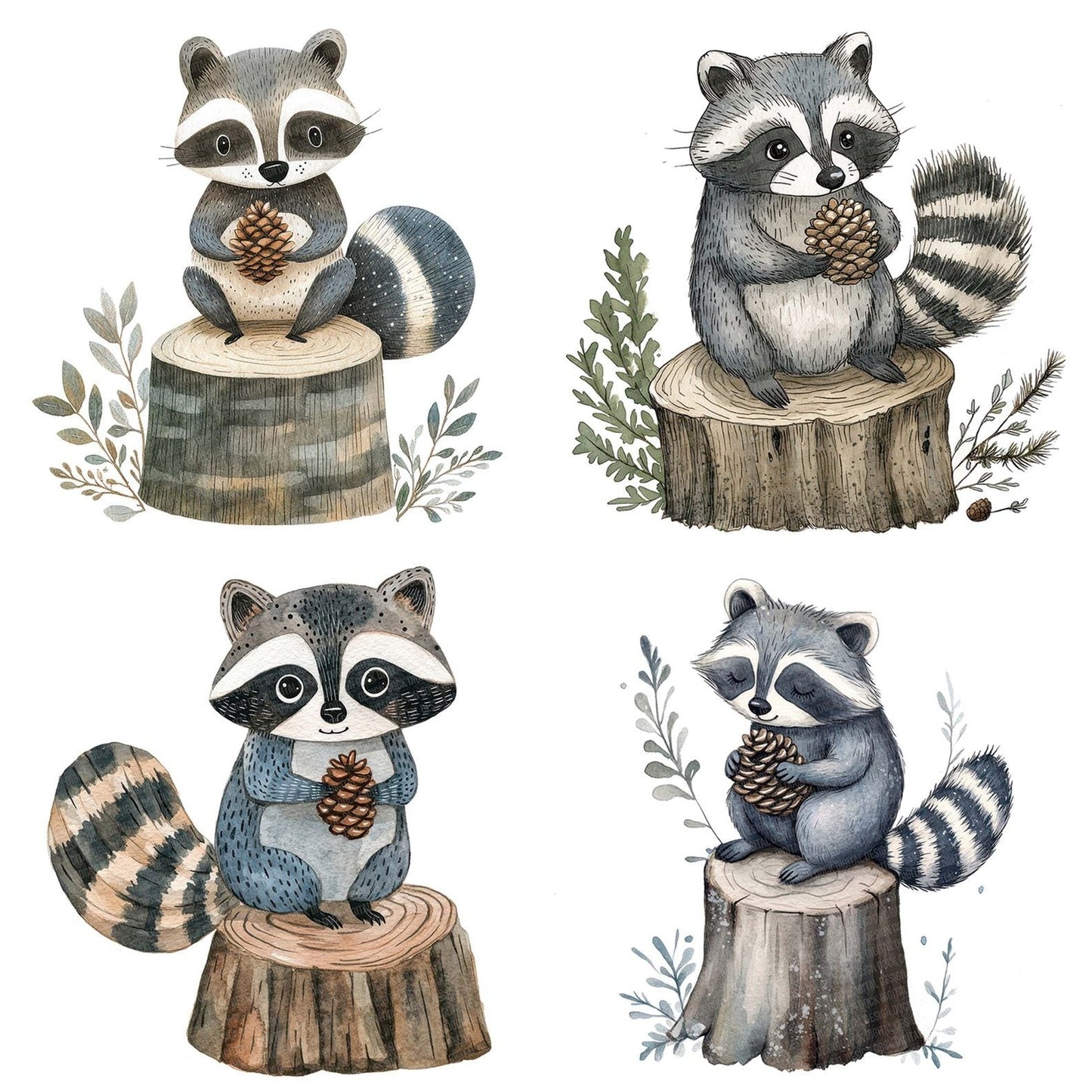 Folk Raccoon on Stump Clipart Set (DDD005606)