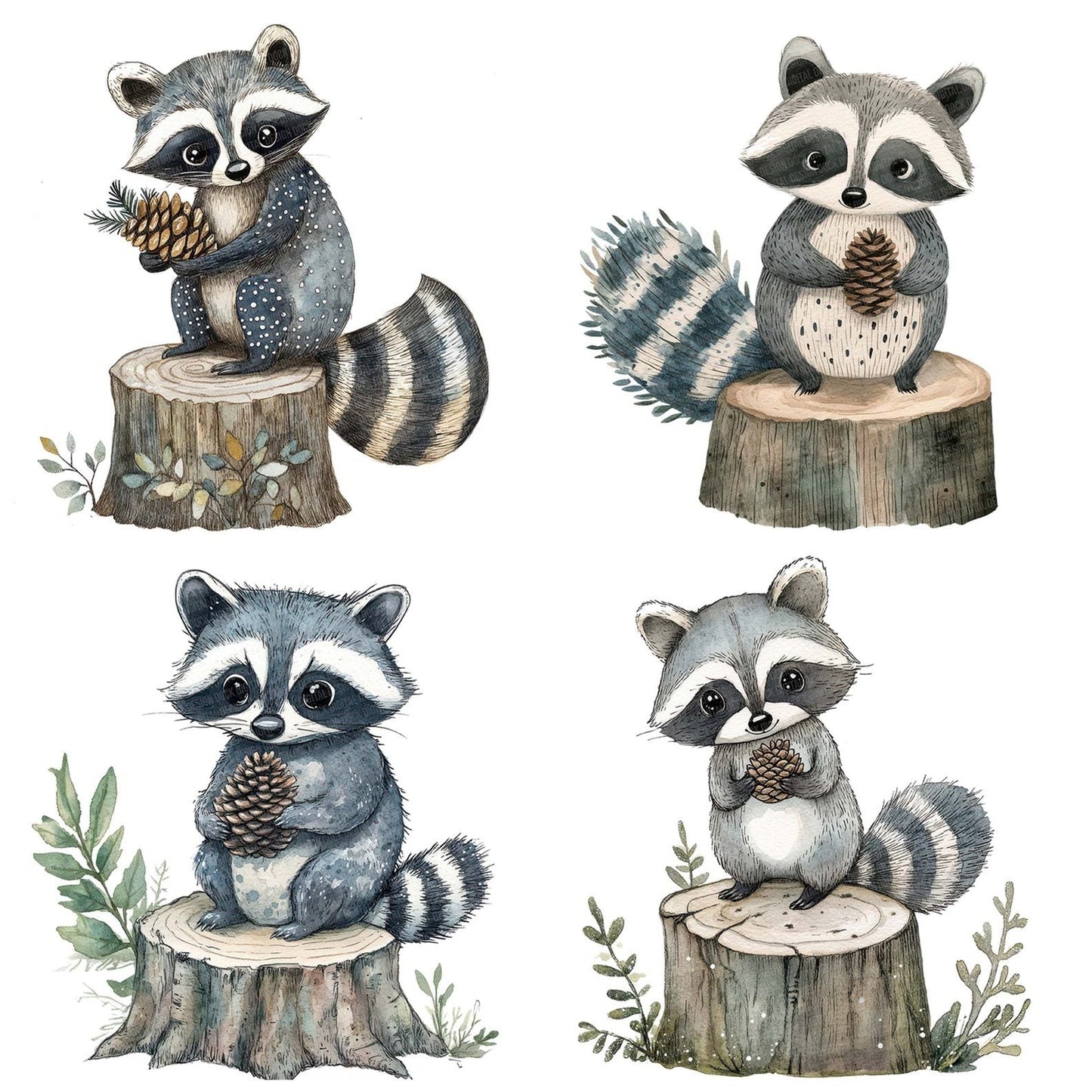 Folk Raccoon on Stump Clipart Set (DDD005606)