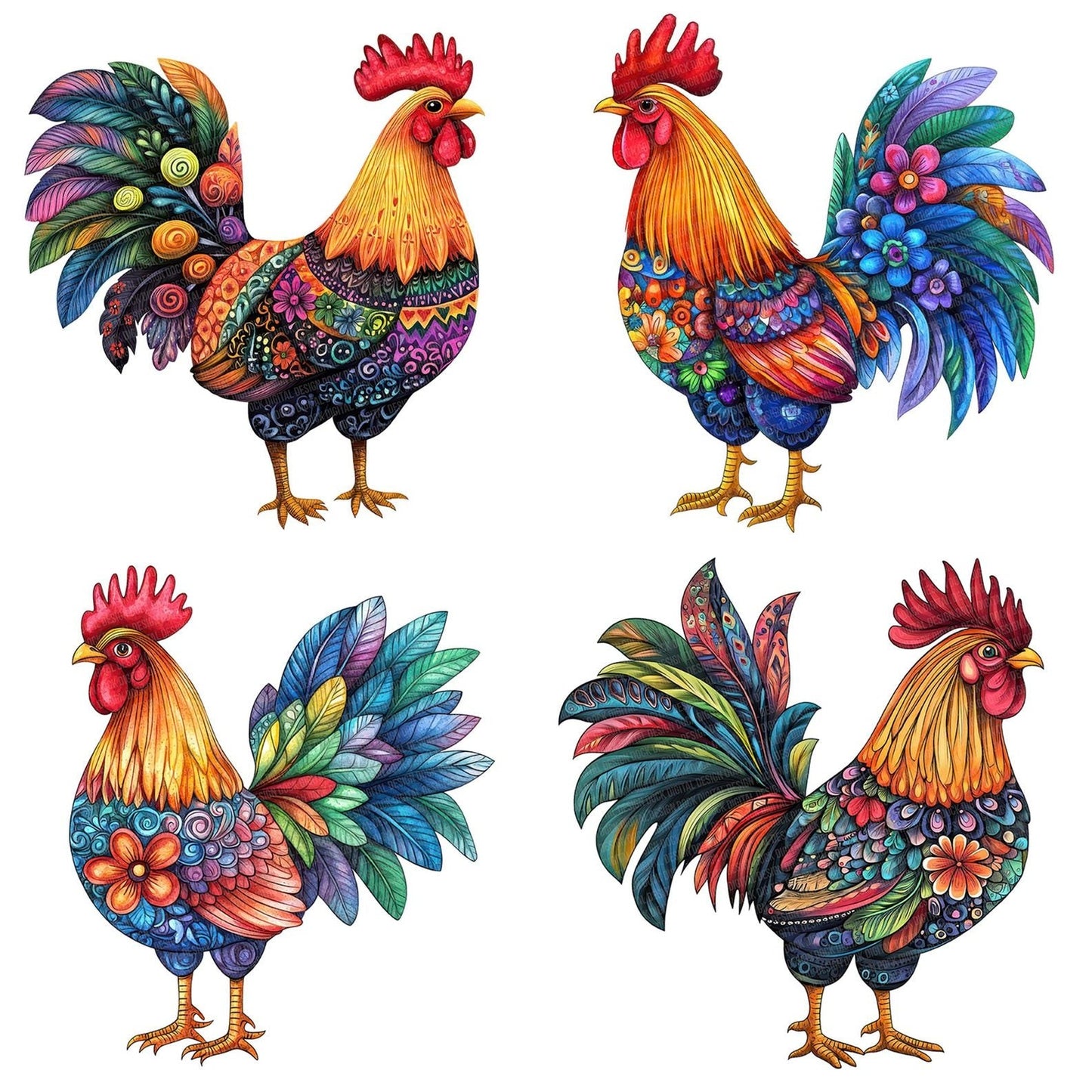 Folk Rooster with Florals Clipart Set (DDD005607)
