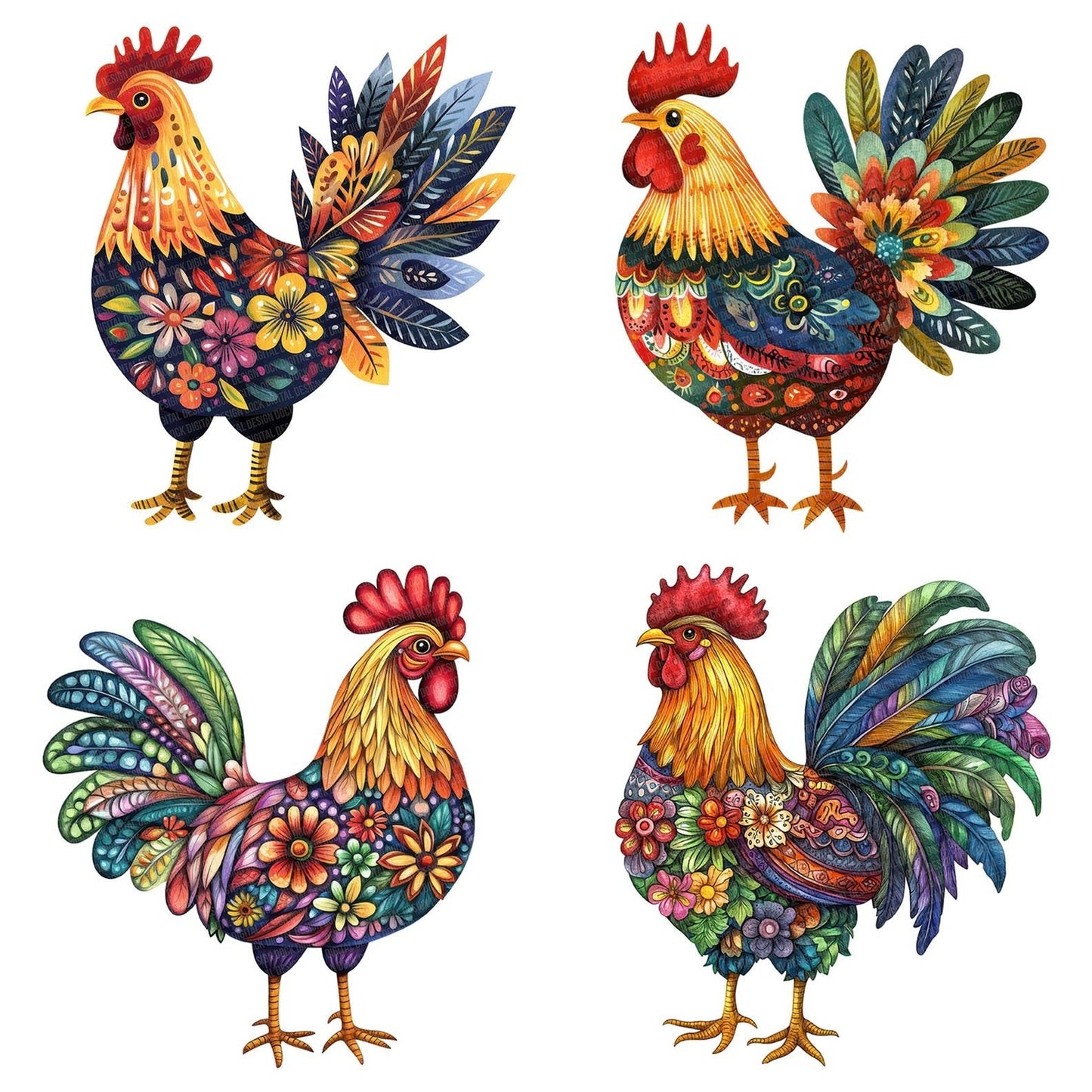 Folk Rooster with Florals Clipart Set (DDD005607)