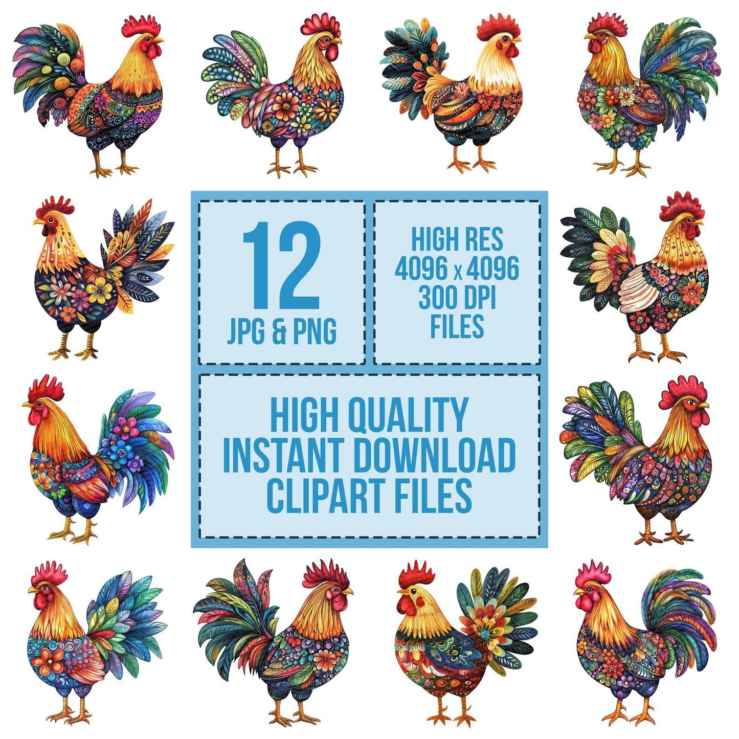 Folk Rooster with Florals Clipart Set (DDD005607)
