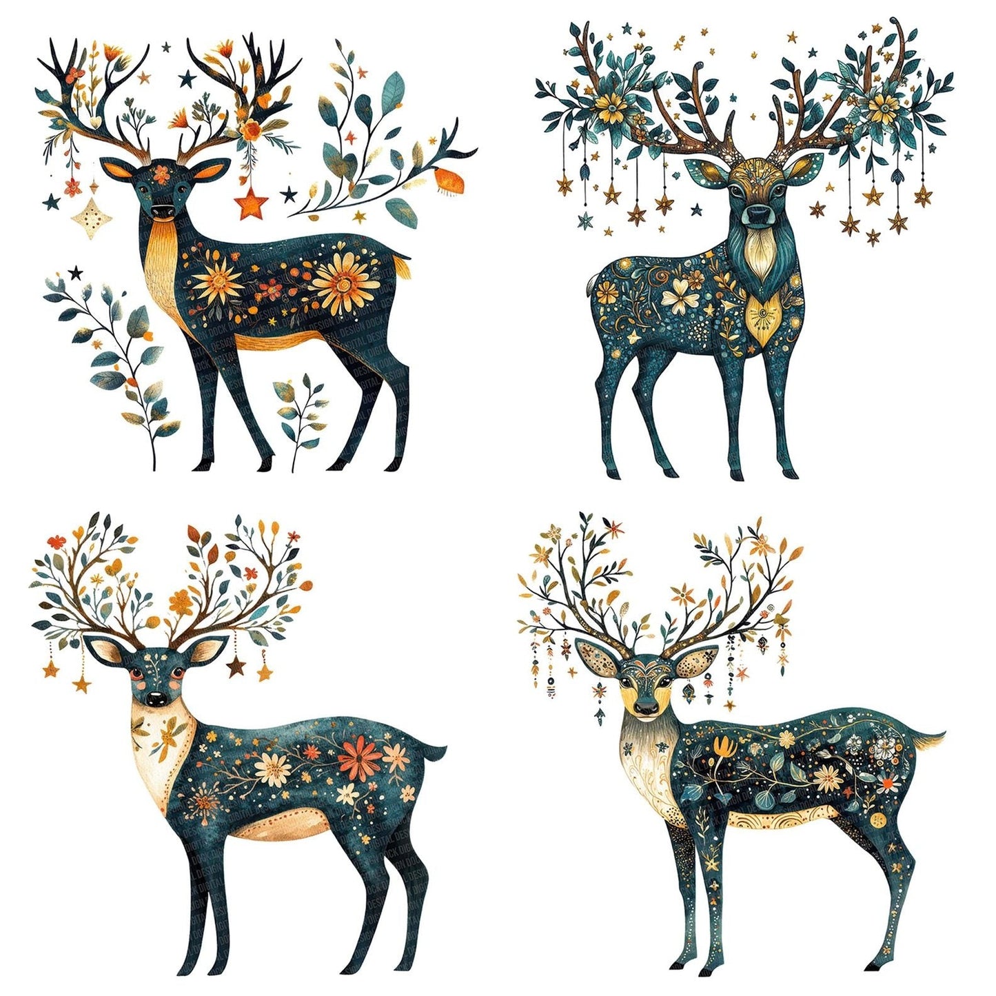 Folk Stag with Antlers Clipart Set (DDD005615)