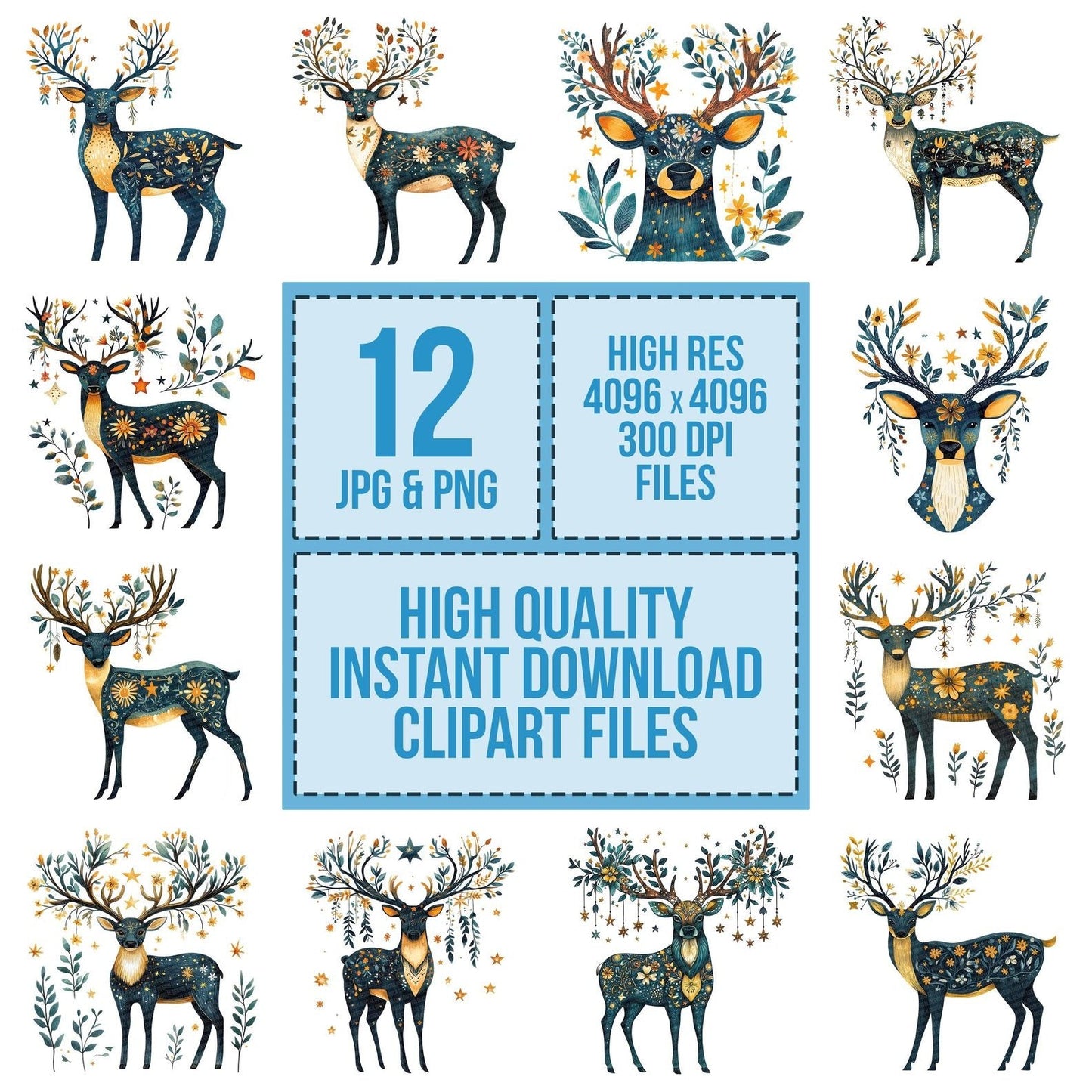 Folk Stag with Antlers Clipart Set (DDD005615)