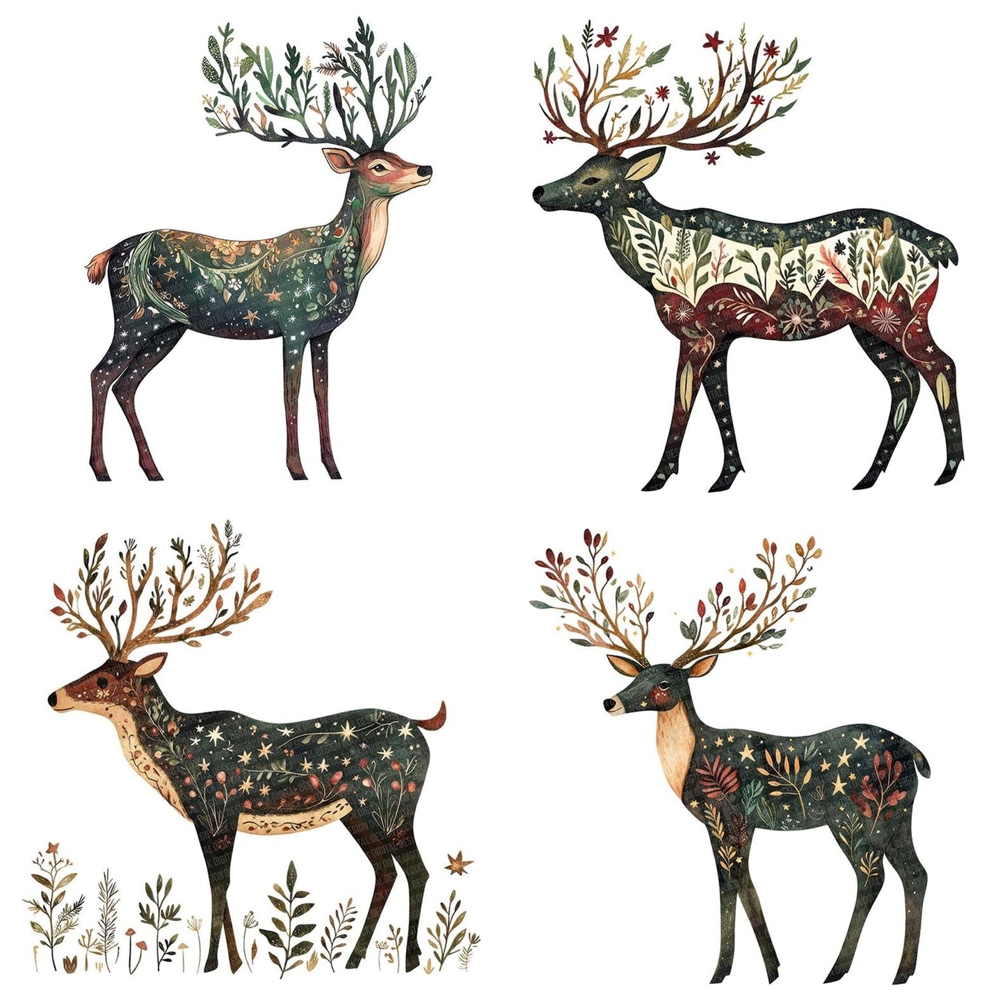 Folk Stag with Floral Antlers Clipart Set (DDD005616)
