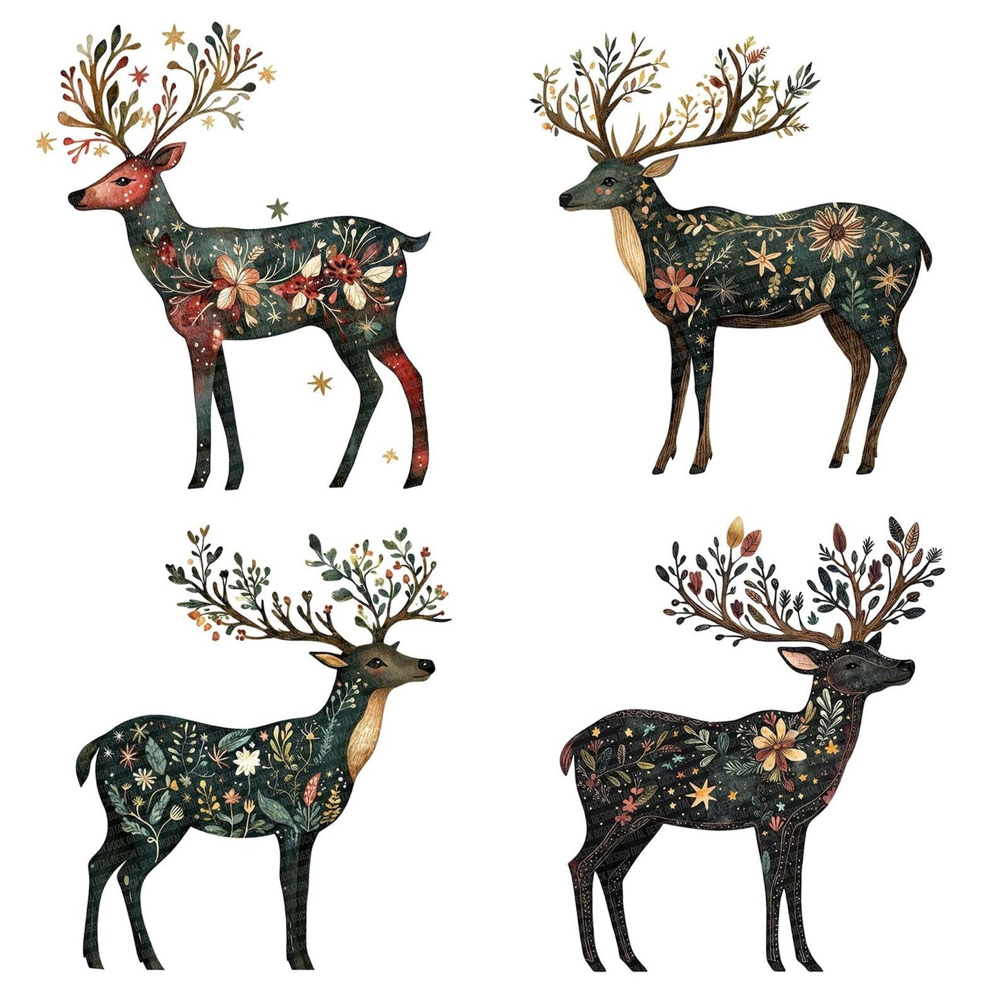Folk Stag with Floral Antlers Clipart Set (DDD005616)