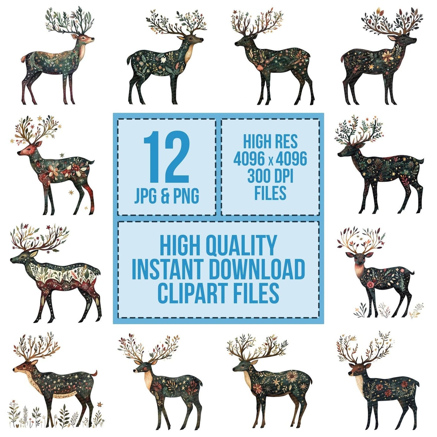 Folk Stag with Floral Antlers Clipart Set (DDD005616)