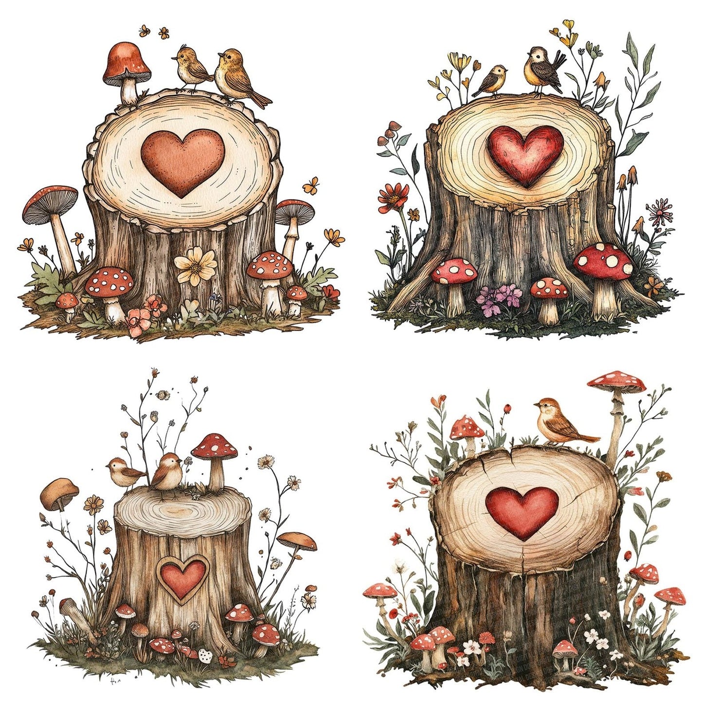 Folk Stump with Mushrooms Clipart Set (DDD005618)