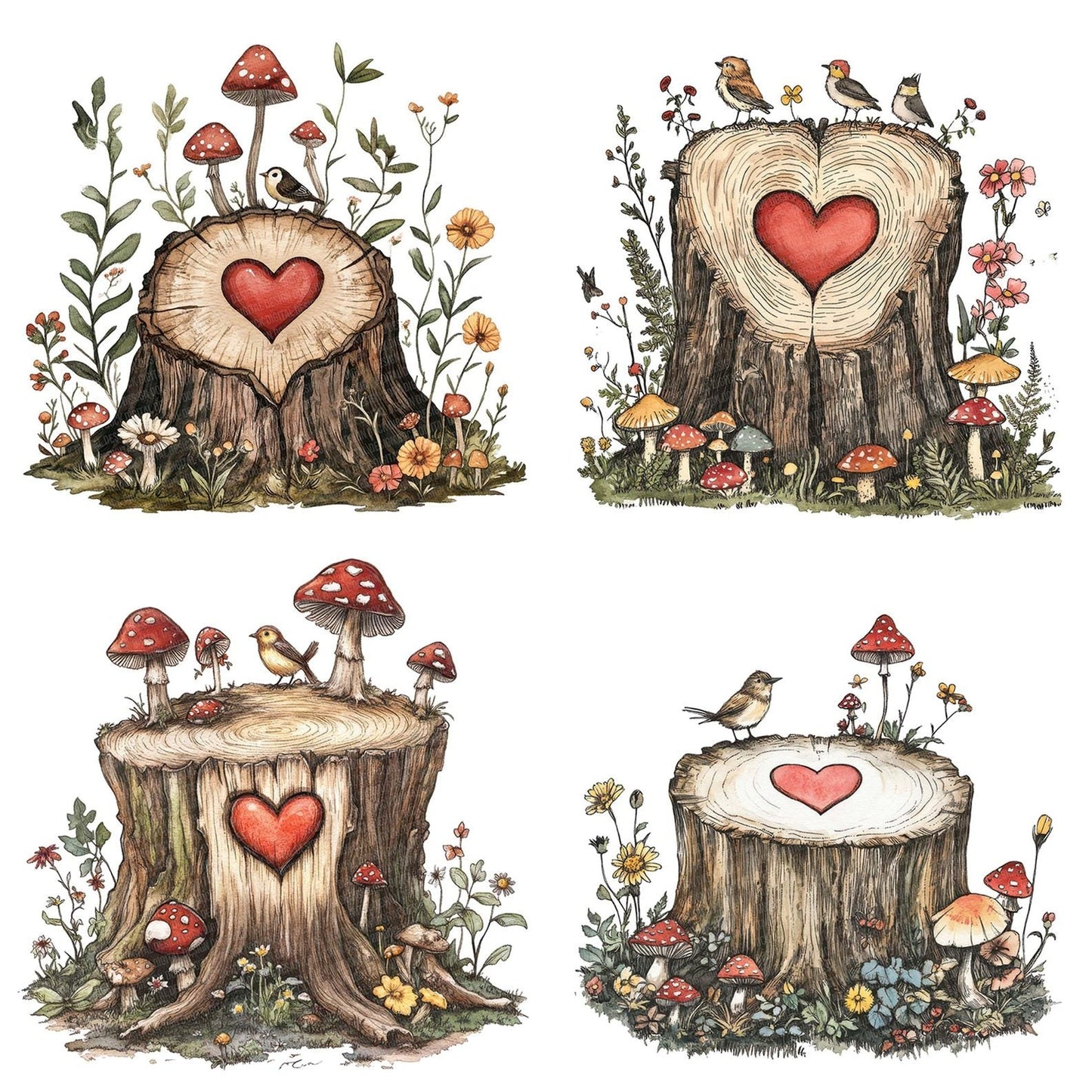 Folk Stump with Mushrooms Clipart Set (DDD005618)