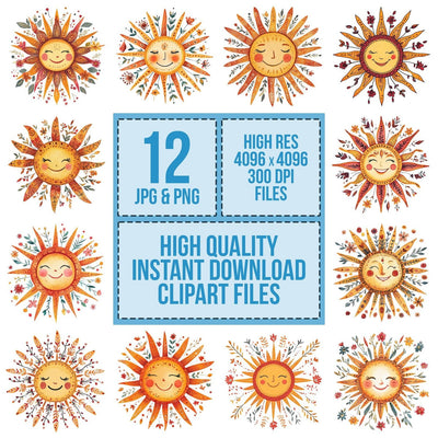Folk Sun with Face clipart set cover showing the designs and file details