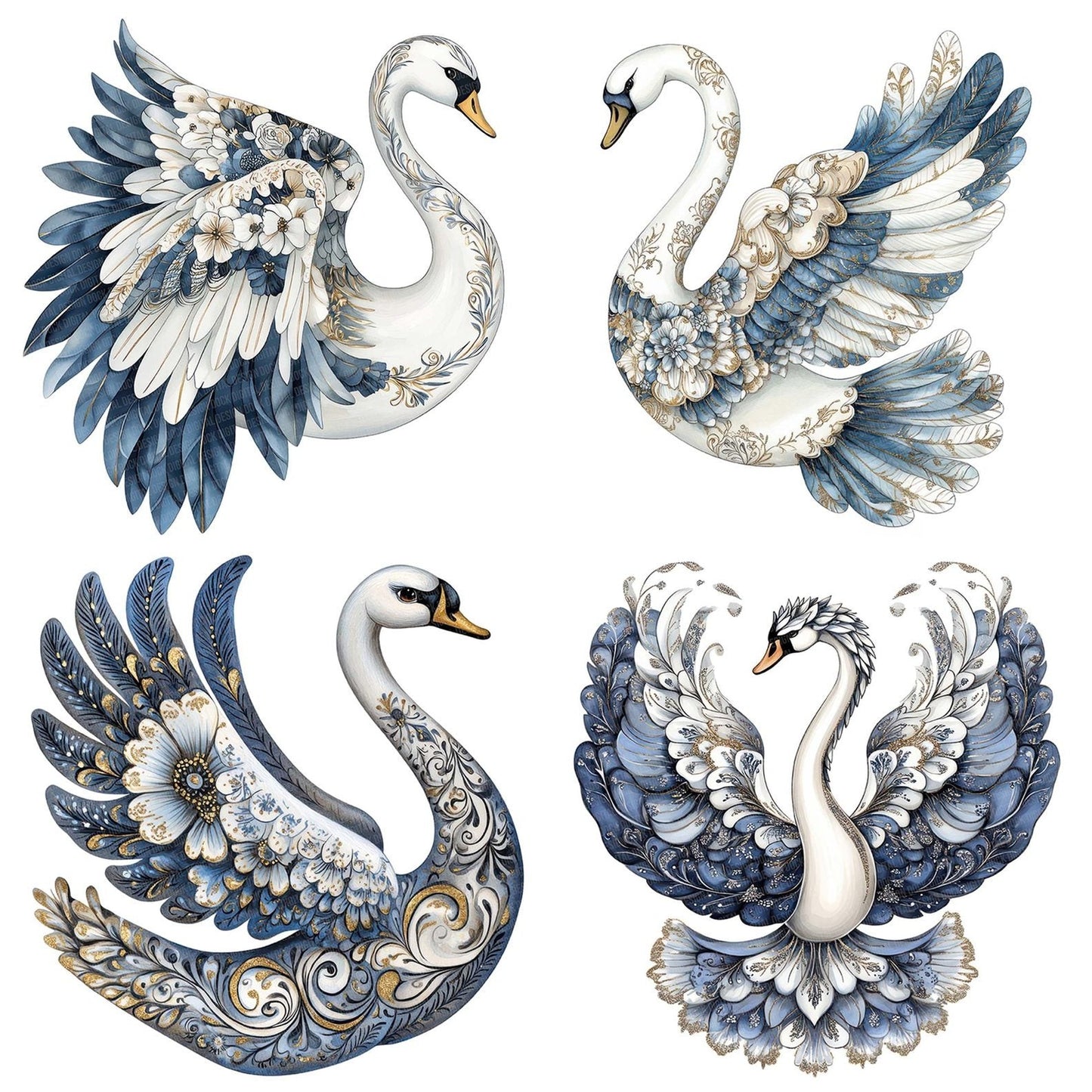 Folk Swan with Florals Clipart Set (DDD005621)