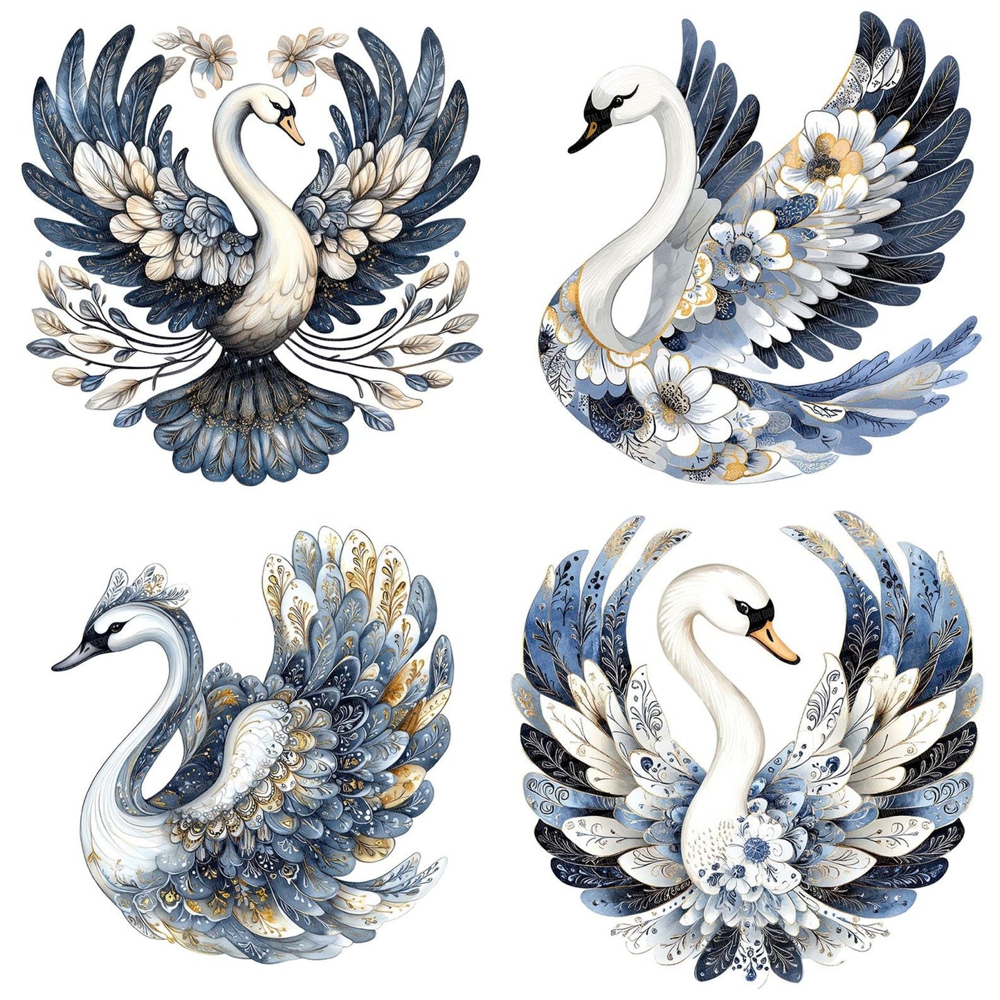 Folk Swan with Florals Clipart Set (DDD005621)