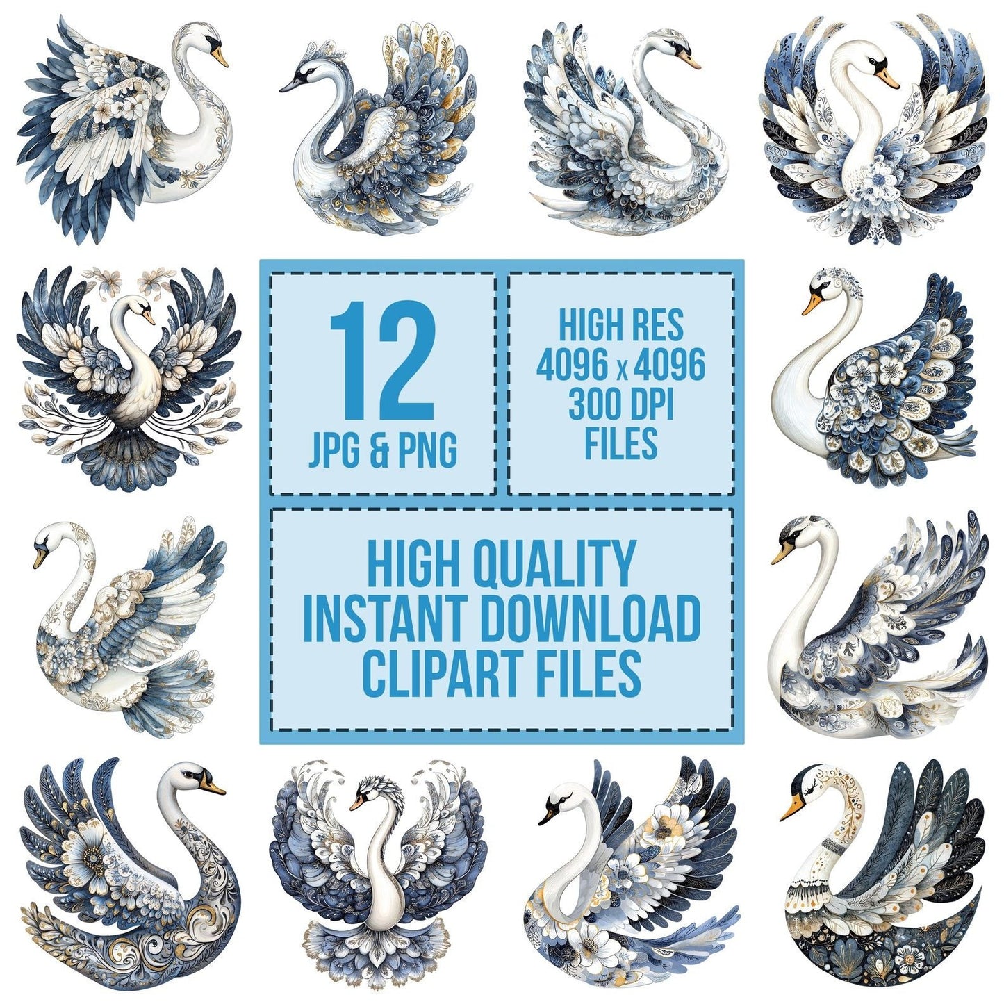 Folk Swan with Florals Clipart Set (DDD005621)