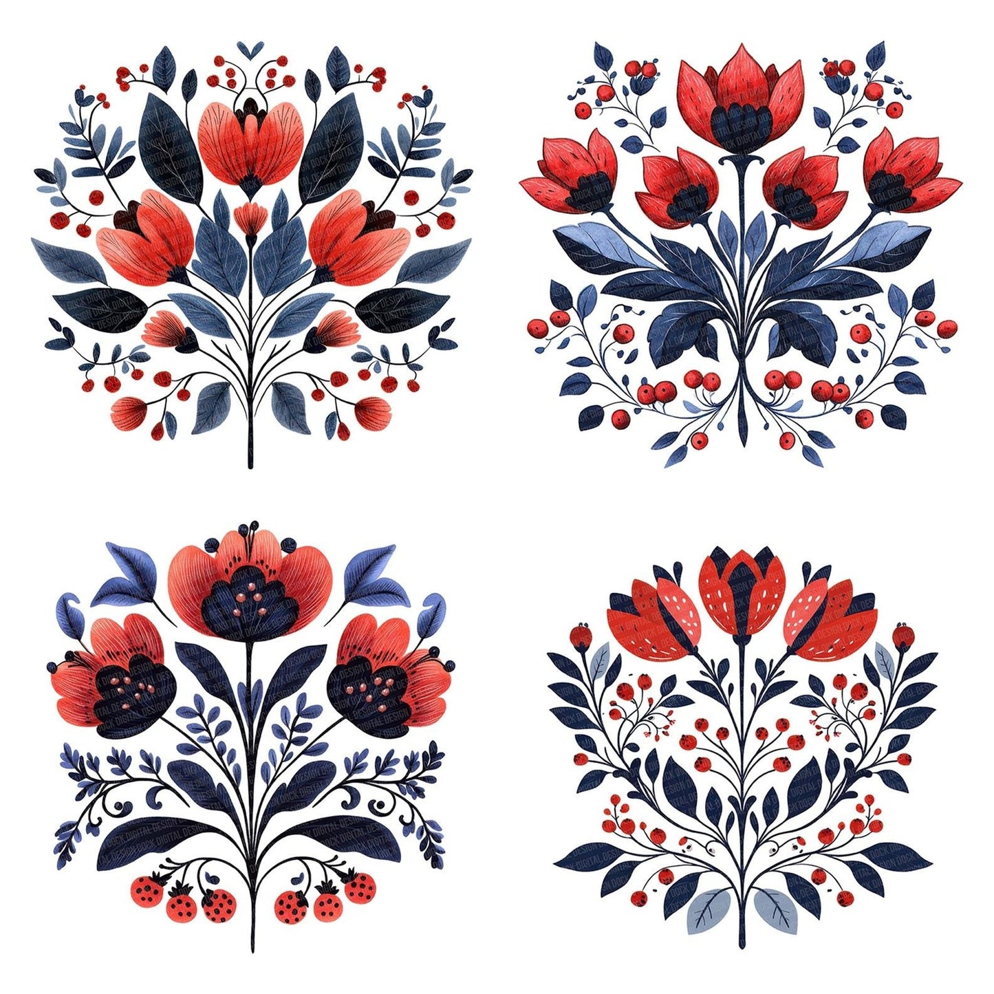 Folk Symmetrical Floral Bunch Clipart Set (DDD005623)