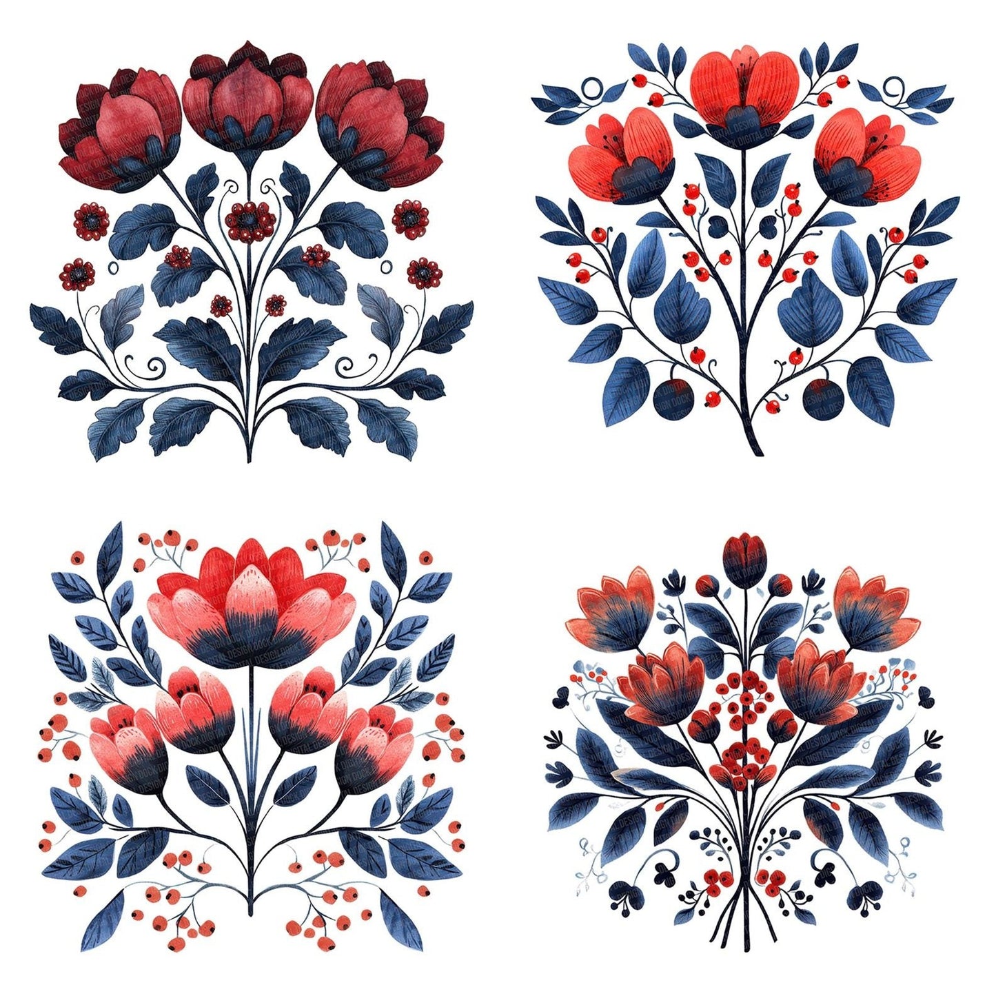 Folk Symmetrical Floral Bunch Clipart Set (DDD005623)