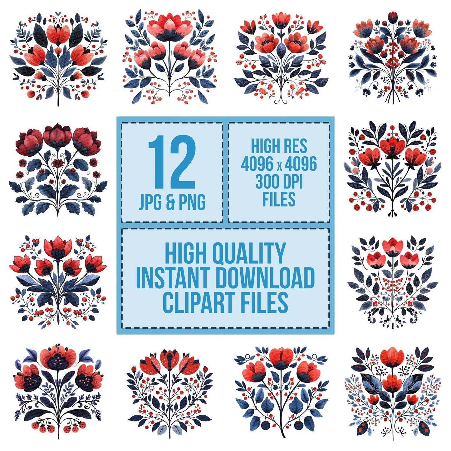 Folk Symmetrical Floral Bunch Clipart Set (DDD005623)