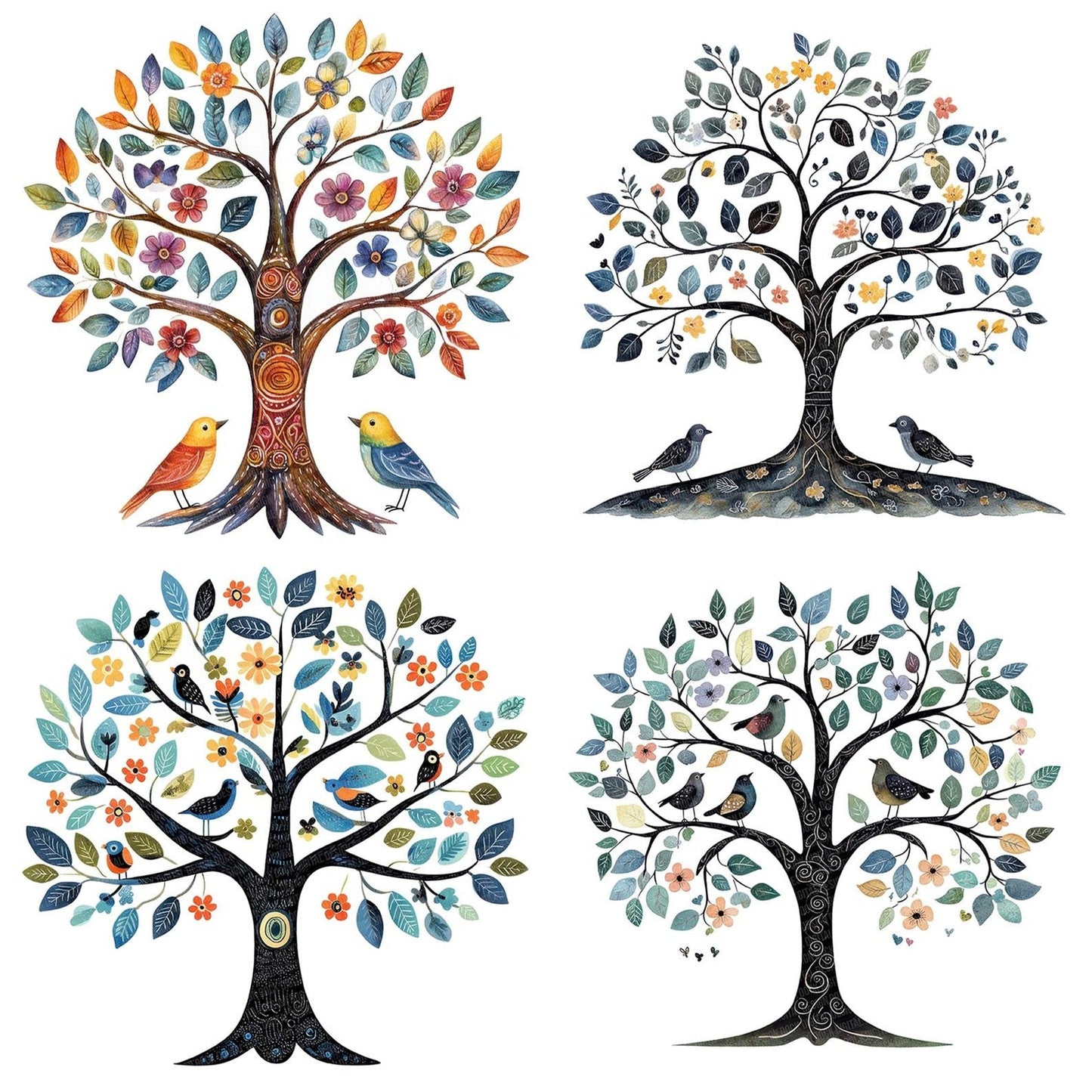 Folk Tree with Birds Clipart Set (DDD005629)