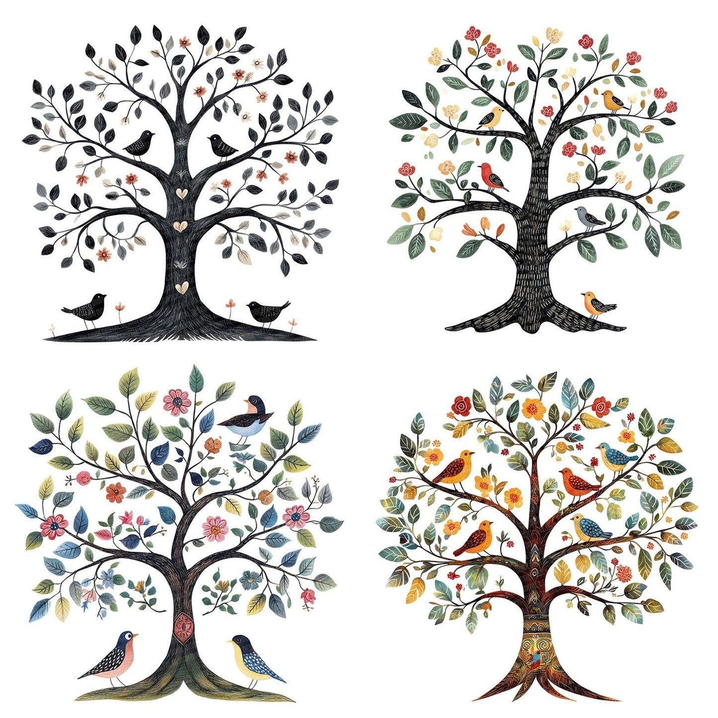 Folk Tree with Birds Clipart Set (DDD005629)
