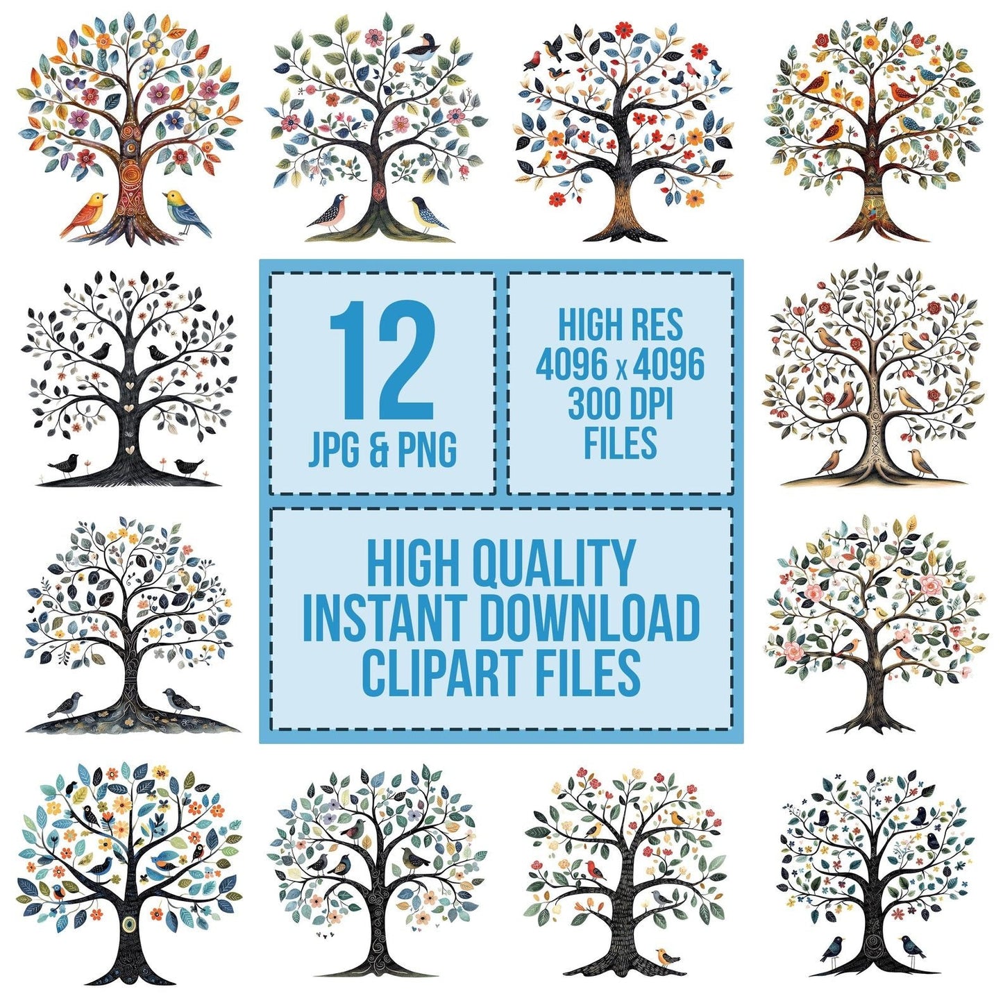 Folk Tree with Birds Clipart Set (DDD005629)