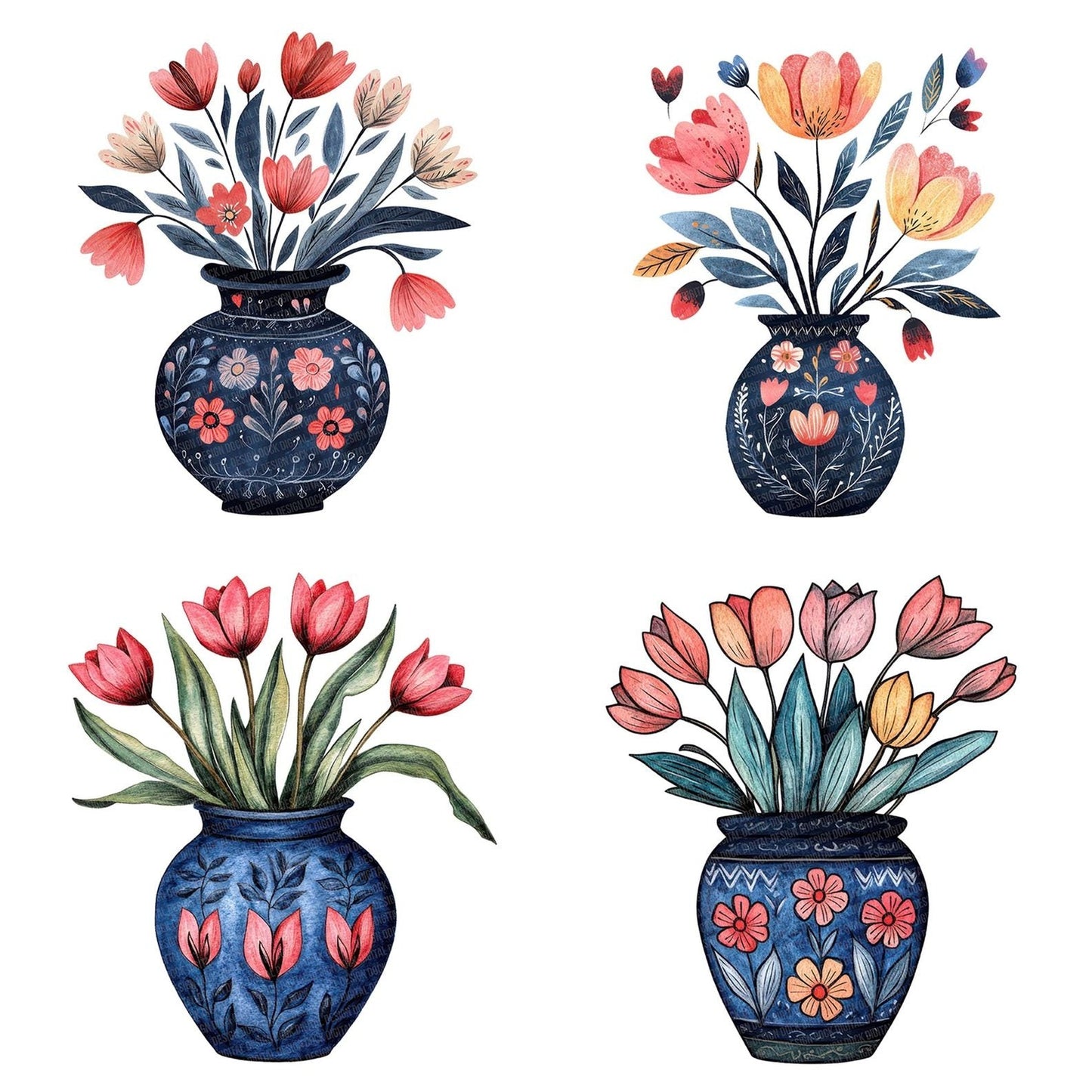 Folk Vase with Flowers Clipart Set (DDD005630)