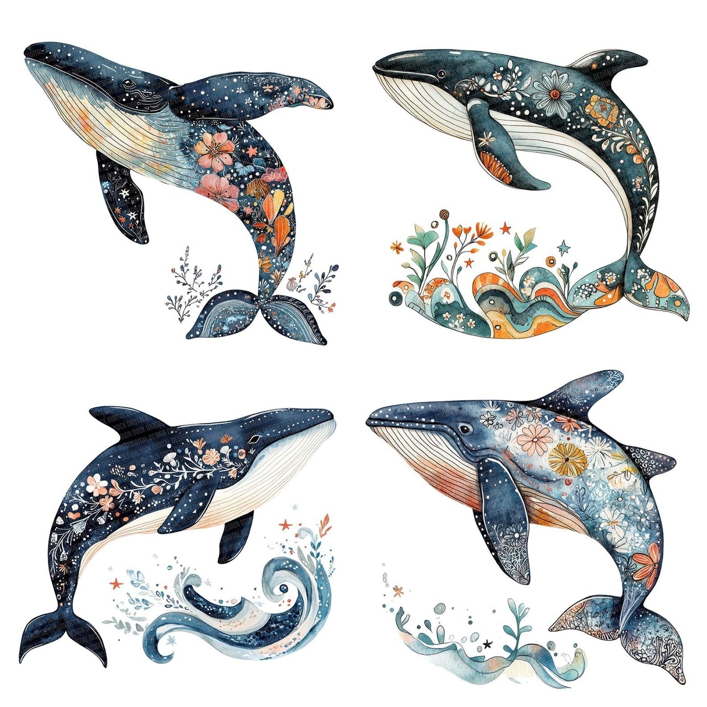 Folk Whale with Waves Clipart Set (DDD005631)