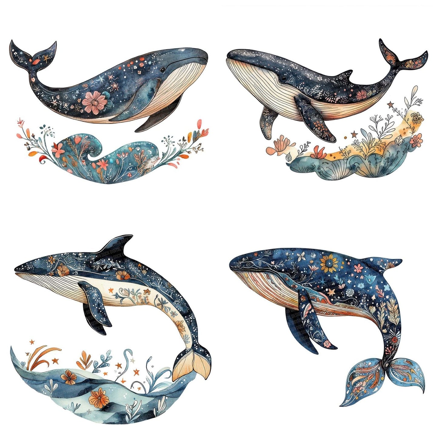 Folk Whale with Waves Clipart Set (DDD005631)