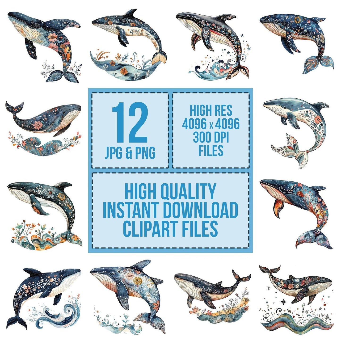 Folk Whale with Waves Clipart Set (DDD005631)