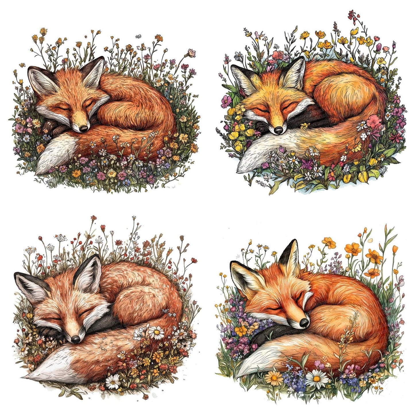 Fox Sleeping in Wildflowers Clipart Set (DDD005646)