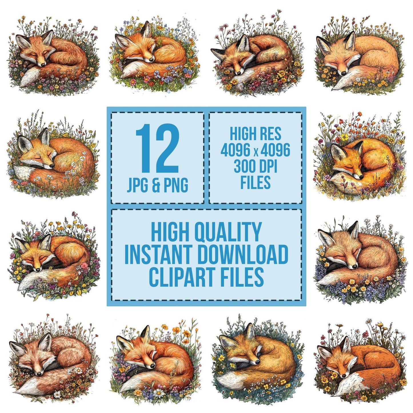 Fox Sleeping in Wildflowers Clipart Set (DDD005646)