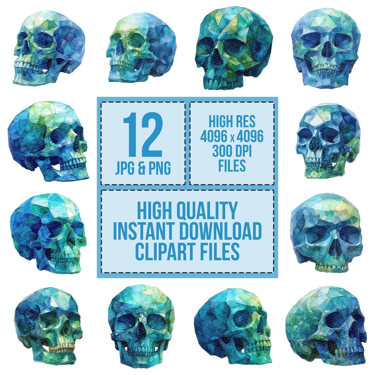 Gemstone Watercolour Skull Clipart Set (DDD005687)
