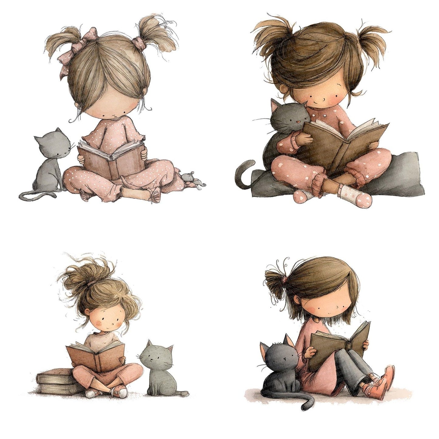 Girl Reading with Cat Clipart Set (DDD005706)