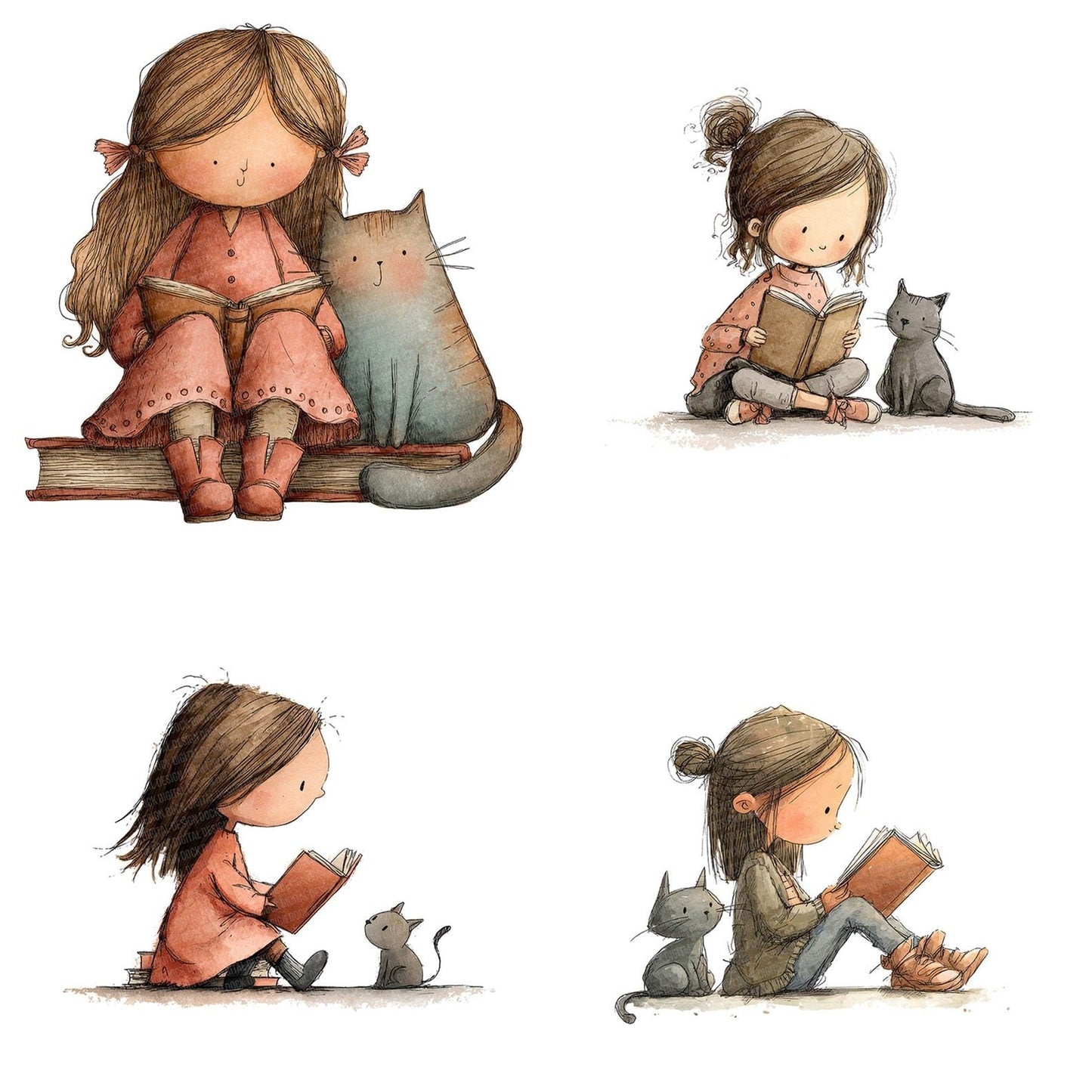 Girl Reading with Cat Clipart Set (DDD005706)