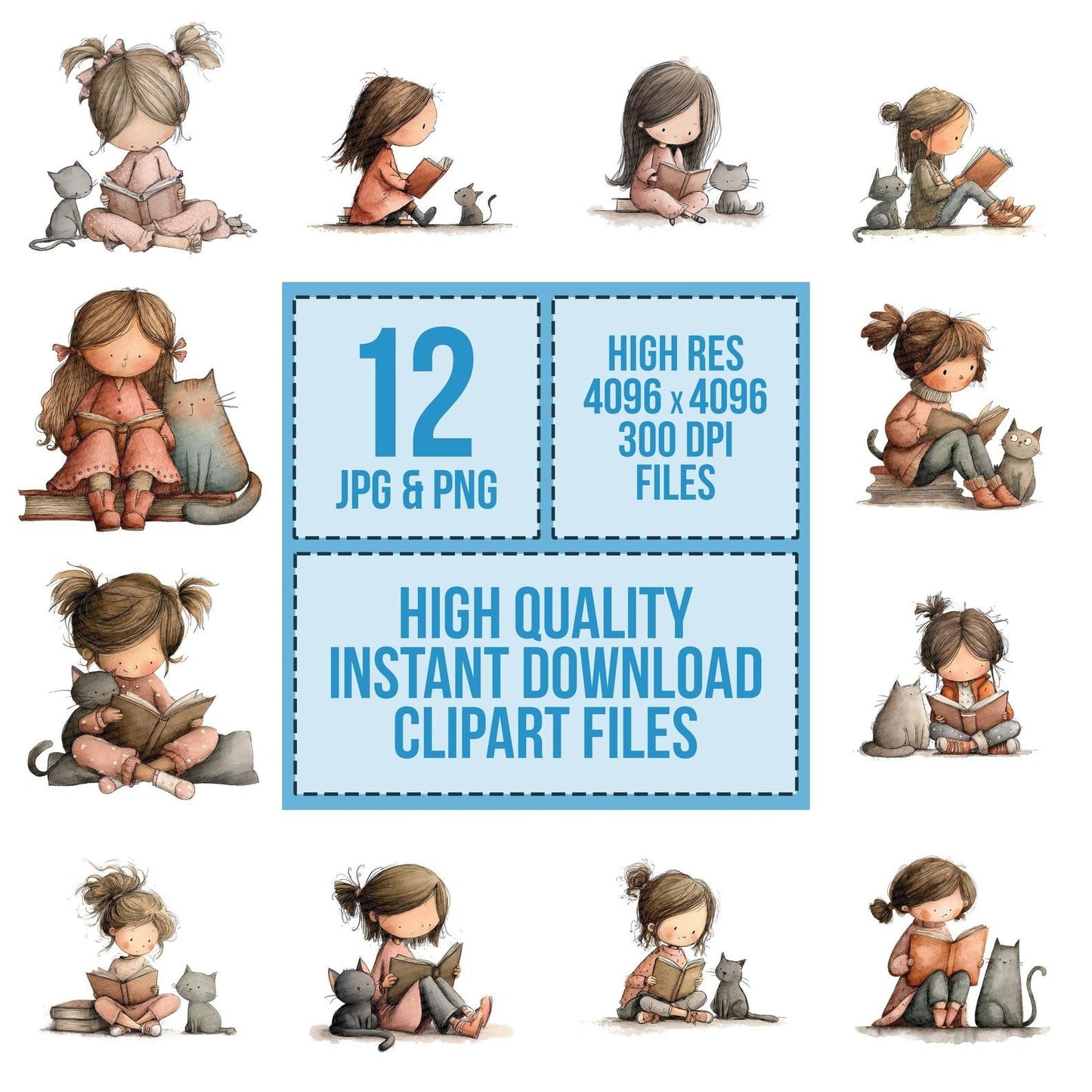 Girl Reading with Cat Clipart Set (DDD005706)