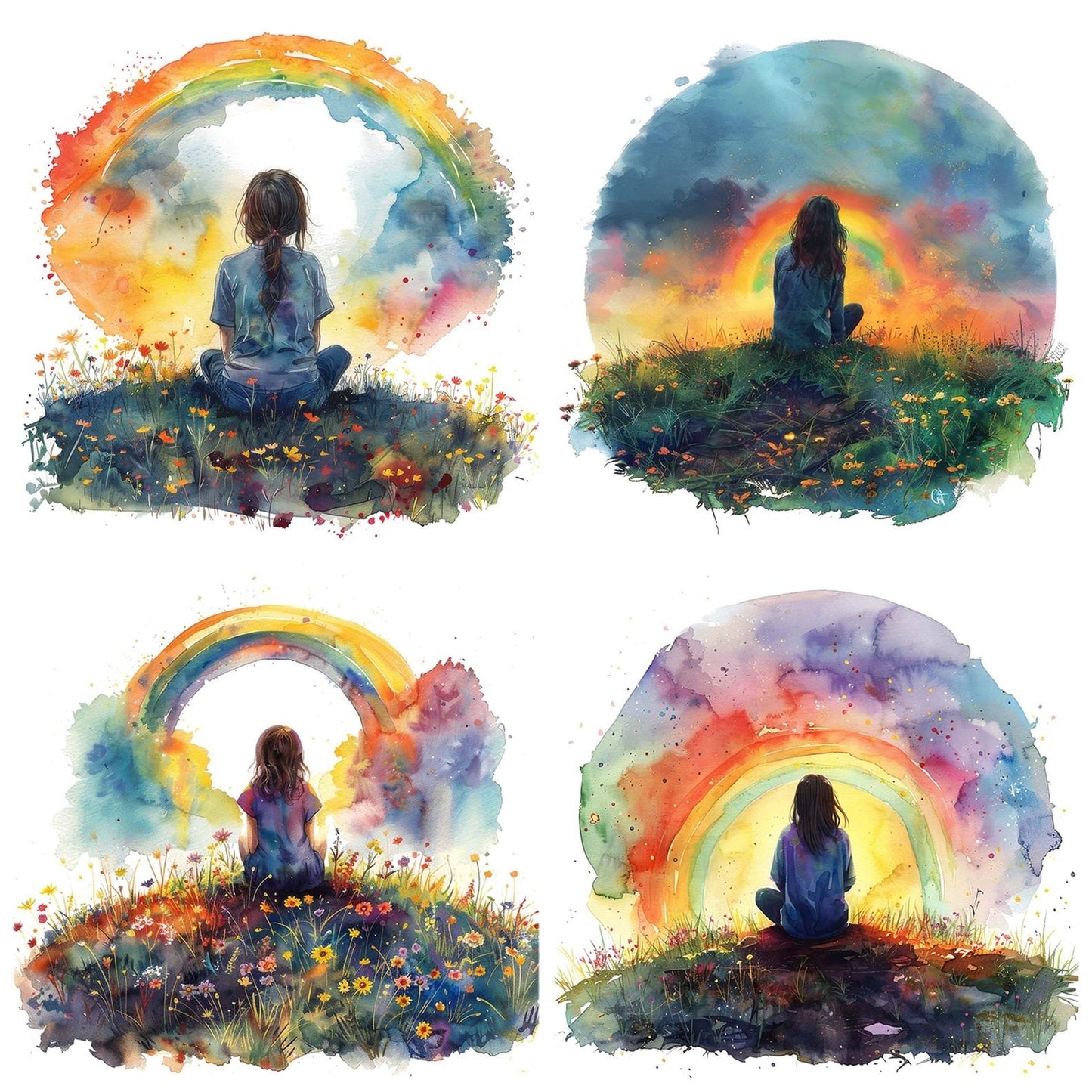 Girl Sitting on Hill Watching Rainbow Clipart Set (DDD005708)