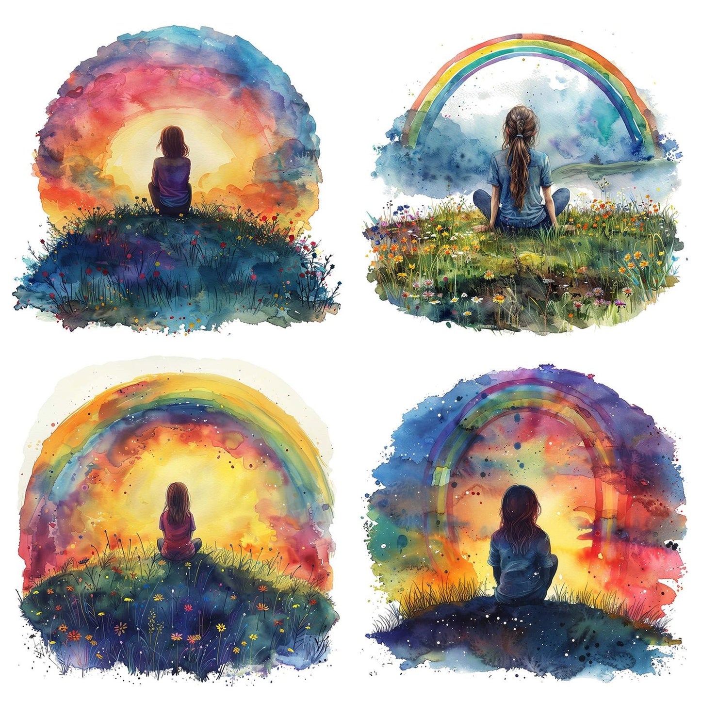 Girl Sitting on Hill Watching Rainbow Clipart Set (DDD005708)