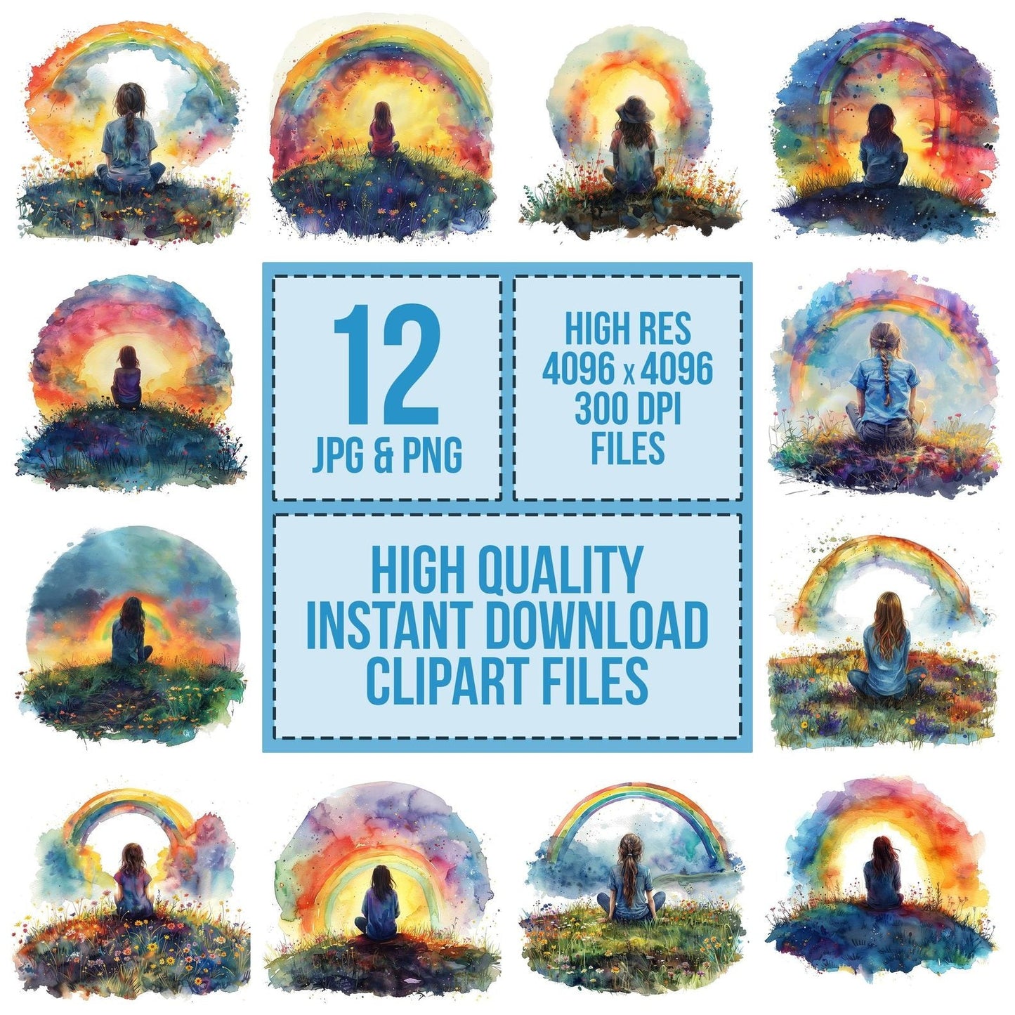 Girl Sitting on Hill Watching Rainbow Clipart Set (DDD005708)