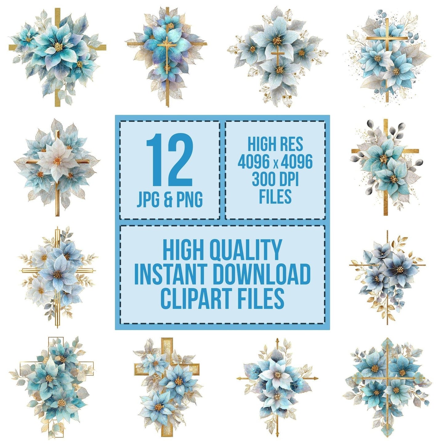 Gold Cross with Winter Poinsettias Clipart Set (DDD005718)