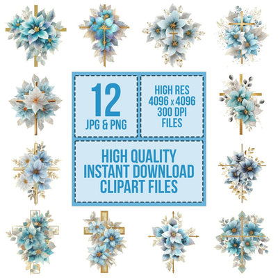 Gold Cross with Winter Poinsettias clipart set cover showing the designs and file details