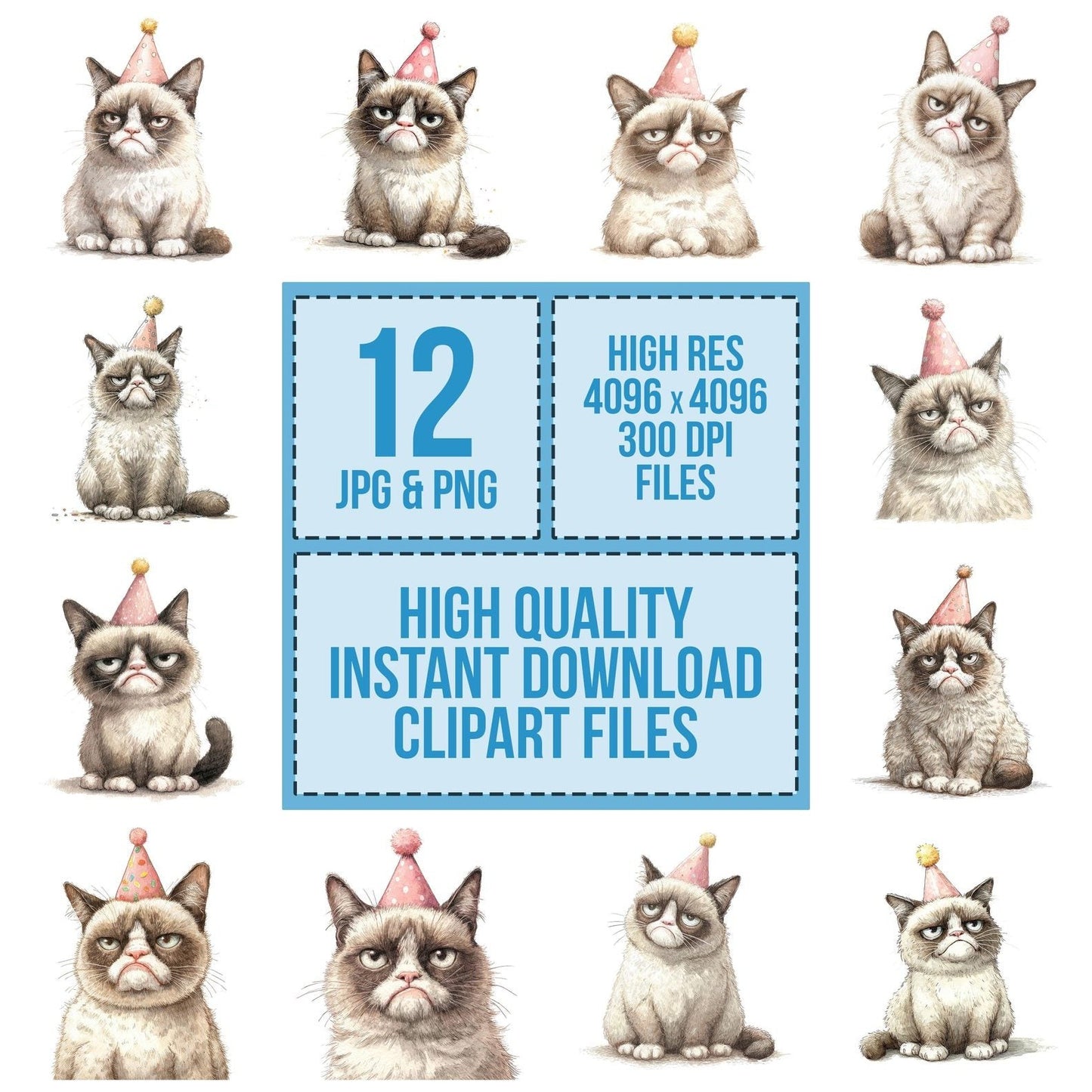 Grumpy Cat in Party Hat Clipart Set (DDD005752)