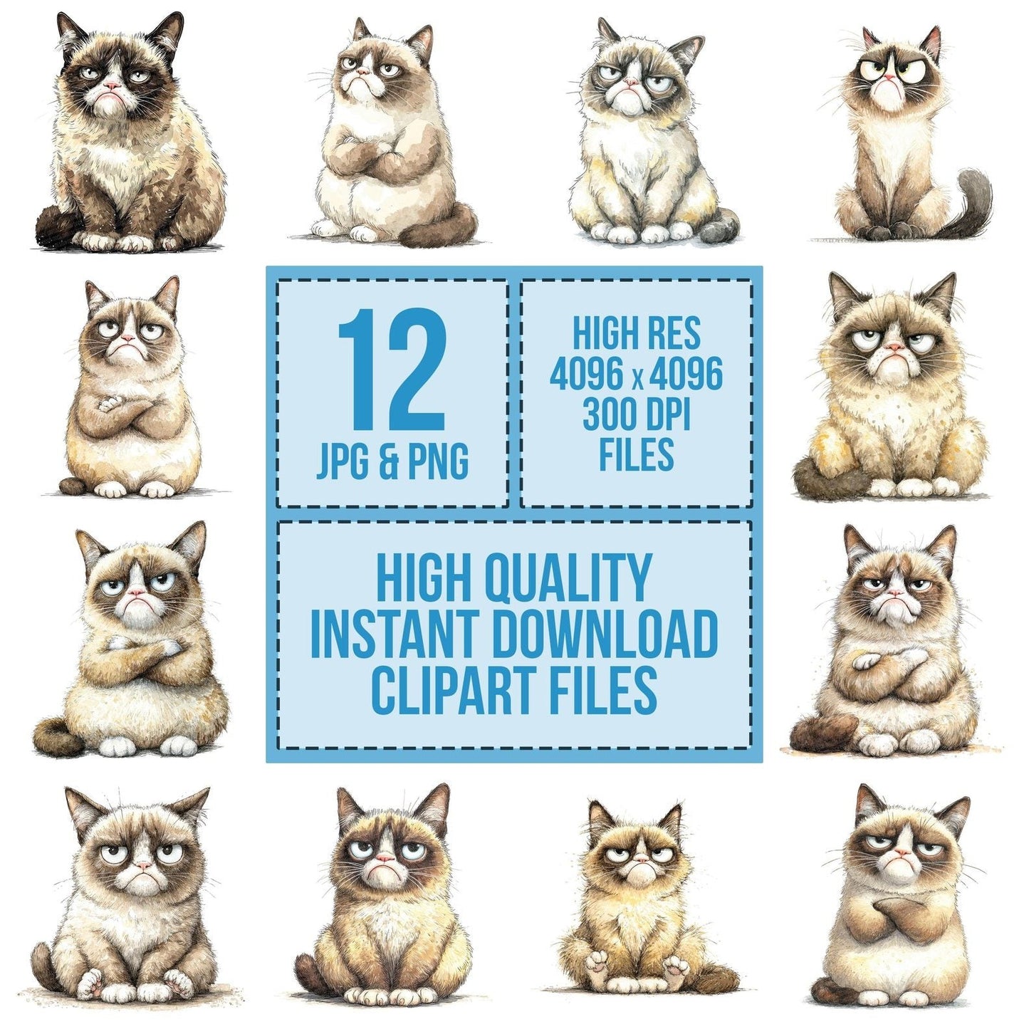 Grumpy Watercolour Cat Clipart Set (DDD005757)